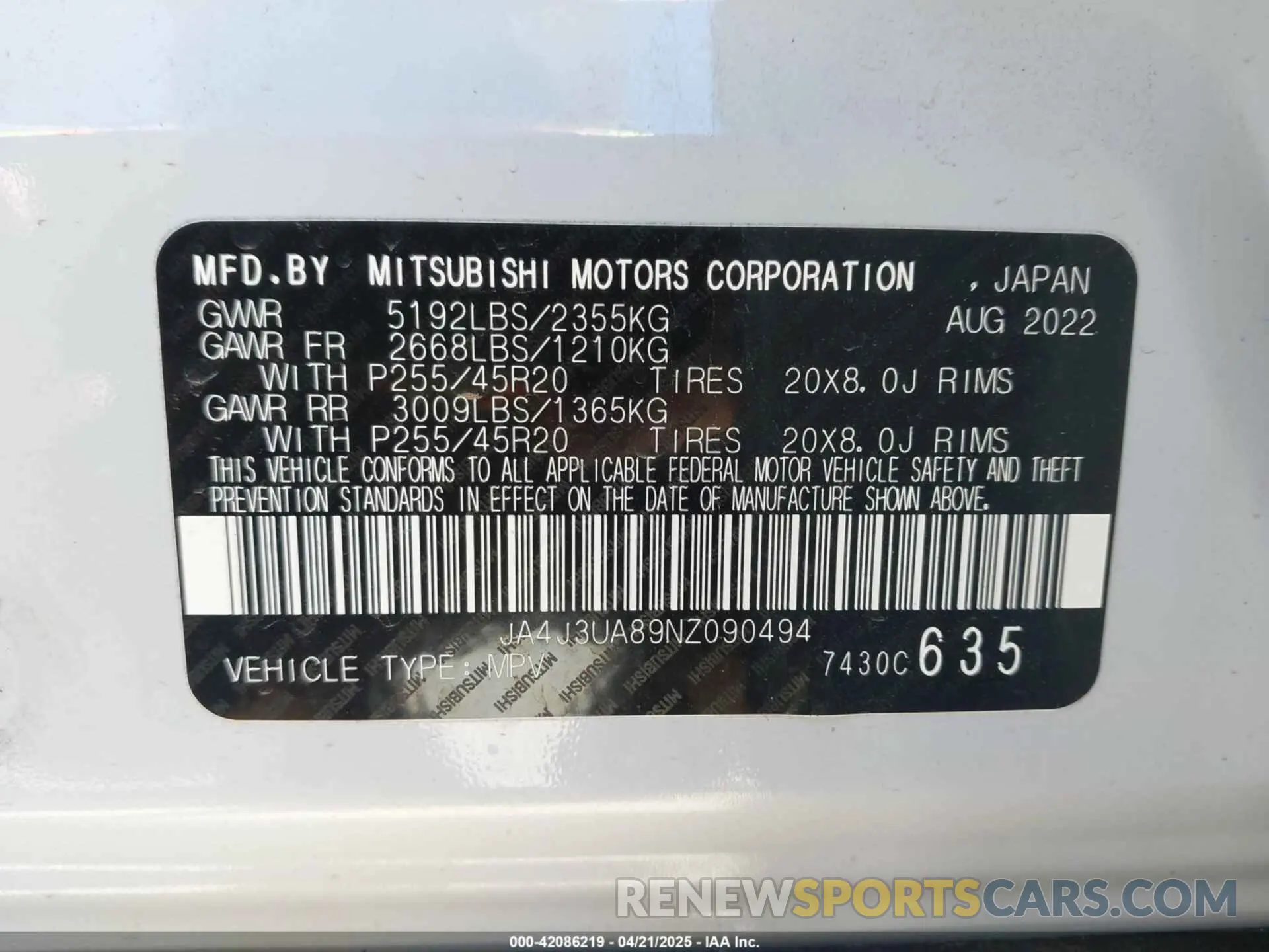 9 fotografías del automóvil dañado JA4J3UA89NZ090494 MITSUBISHI OUTLANDER 2022