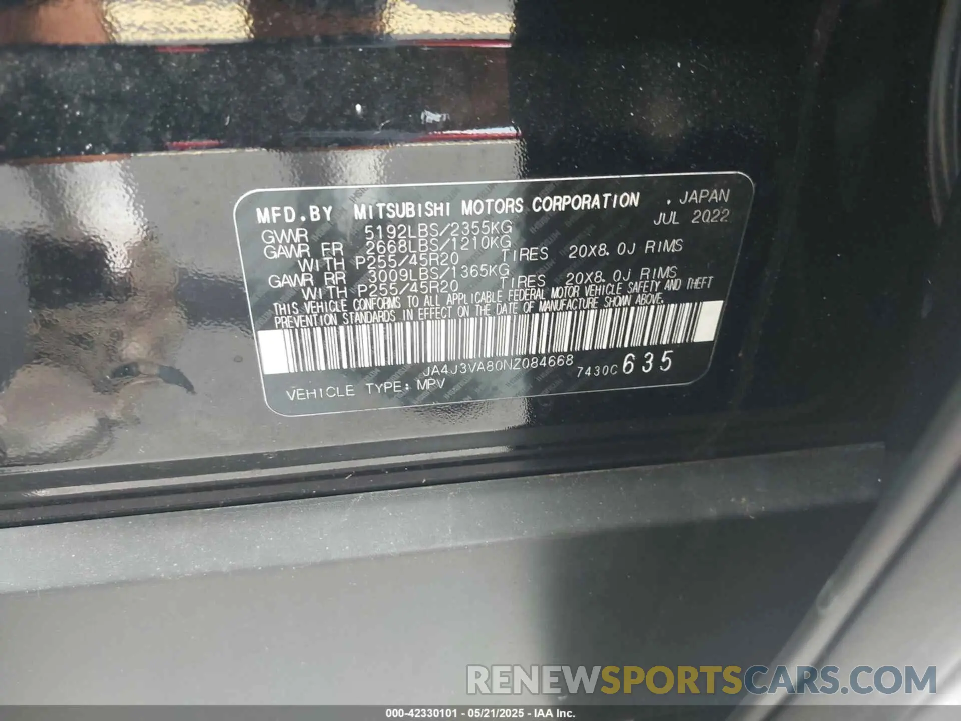 9 fotografías del automóvil dañado JA4J3VA80NZ084668 MITSUBISHI OUTLANDER 2022