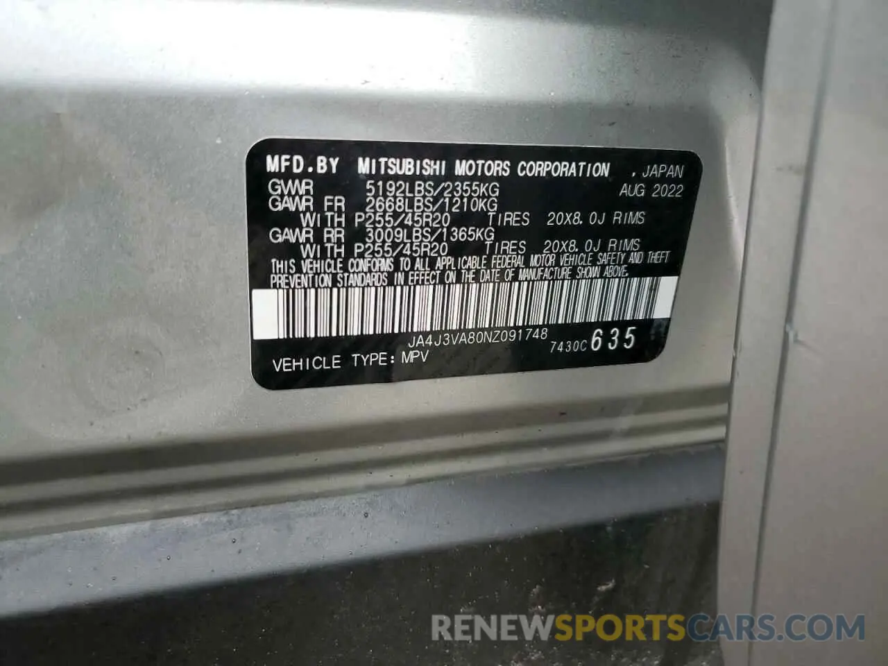 13 fotografías del automóvil dañado JA4J3VA80NZ091748 MITSUBISHI OUTLANDER 2022