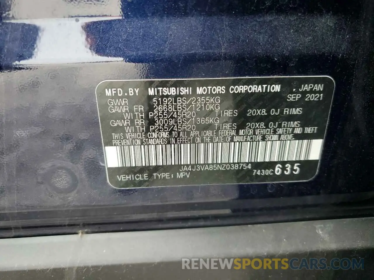 12 fotografías del automóvil dañado JA4J3VA85NZ038754 MITSUBISHI OUTLANDER 2022