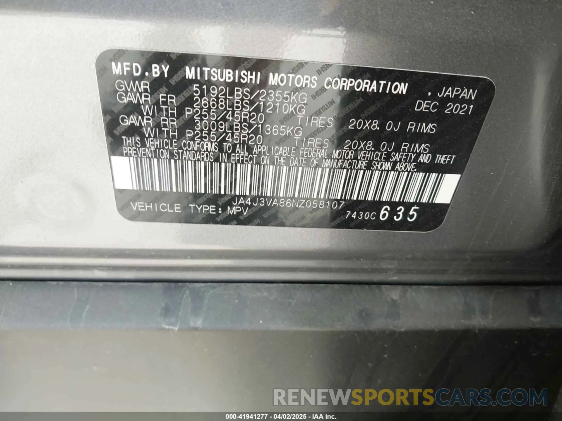 9 fotografías del automóvil dañado JA4J3VA86NZ058107 MITSUBISHI OUTLANDER 2022