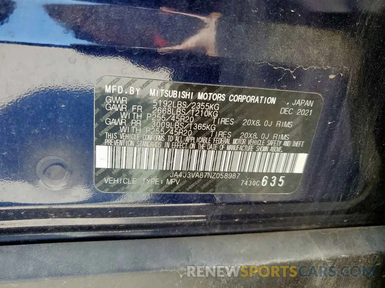 13 fotografías del automóvil dañado JA4J3VA87NZ058987 MITSUBISHI OUTLANDER 2022