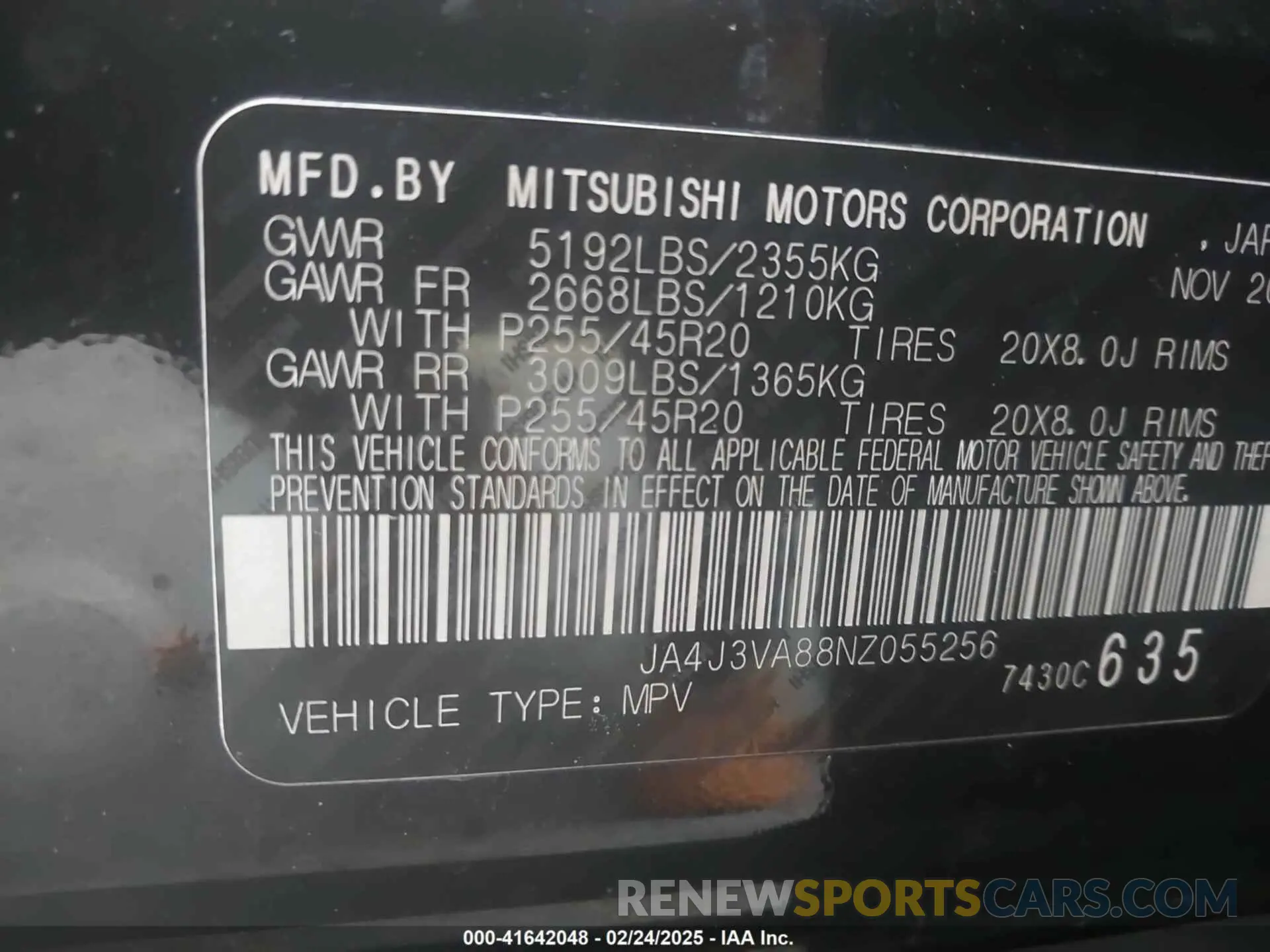 9 fotografías del automóvil dañado JA4J3VA88NZ055256 MITSUBISHI OUTLANDER 2022