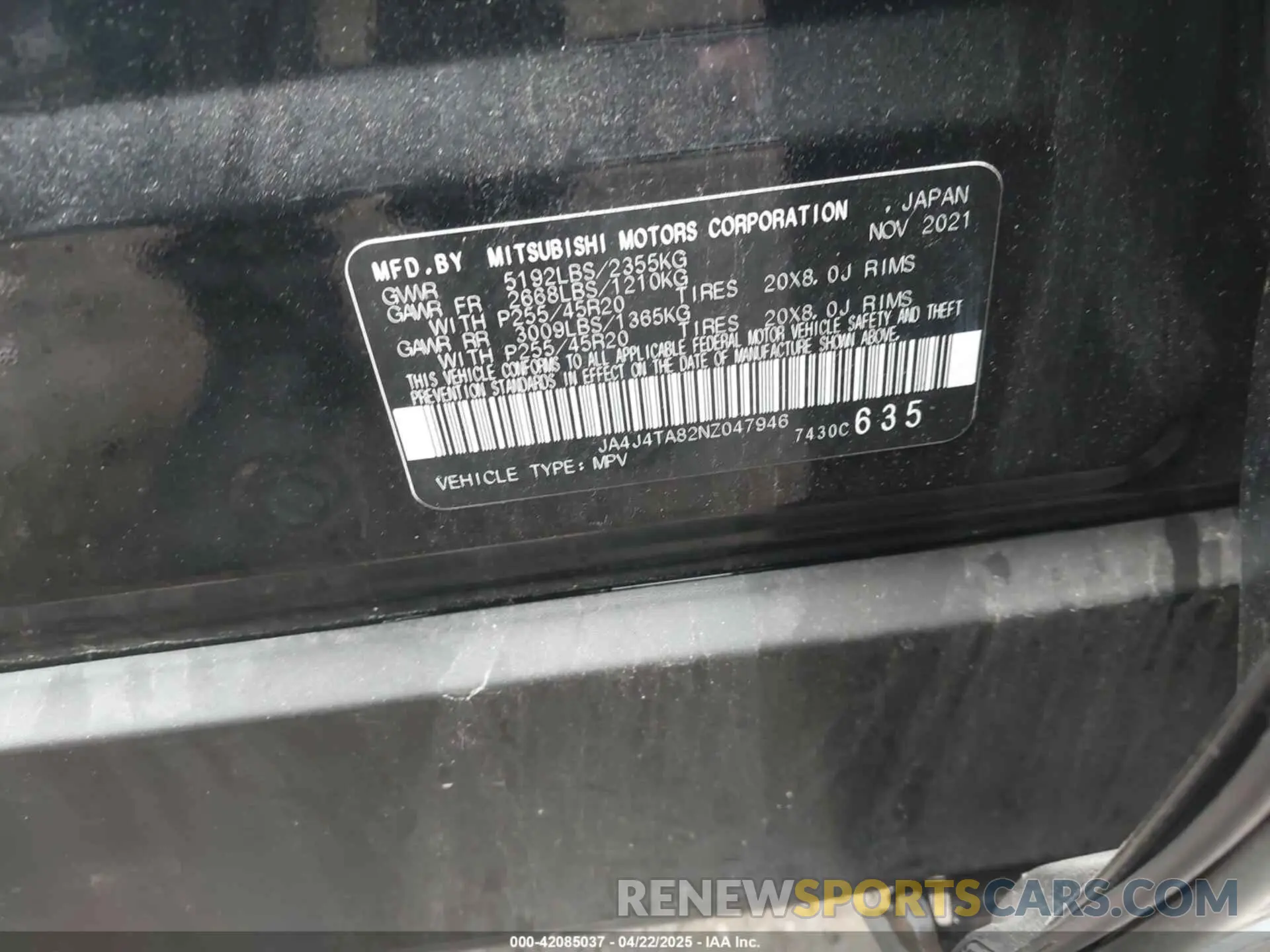 9 fotografías del automóvil dañado JA4J4TA82NZ047946 MITSUBISHI OUTLANDER 2022