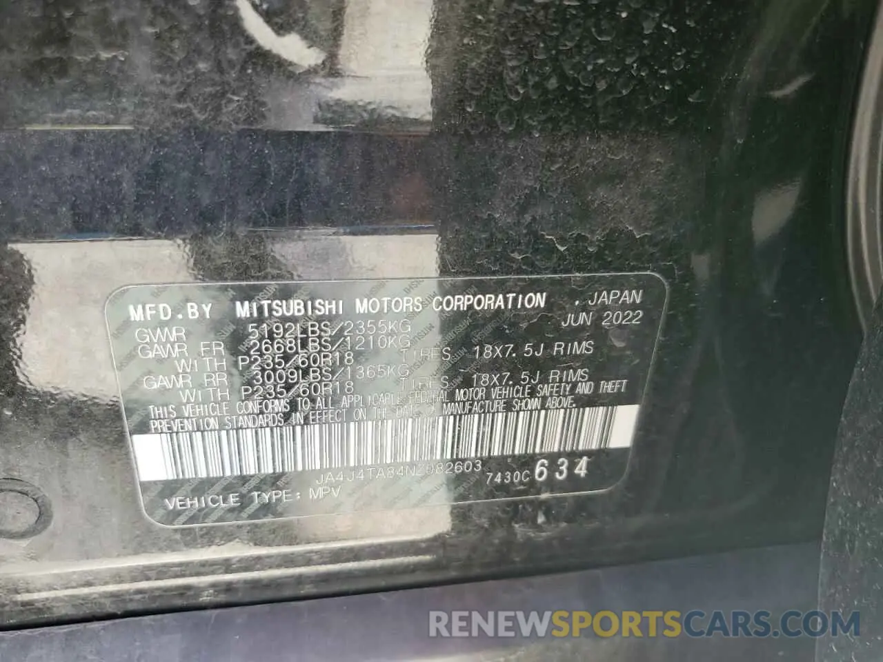 13 fotografías del automóvil dañado JA4J4TA84NZ082603 MITSUBISHI OUTLANDER 2022