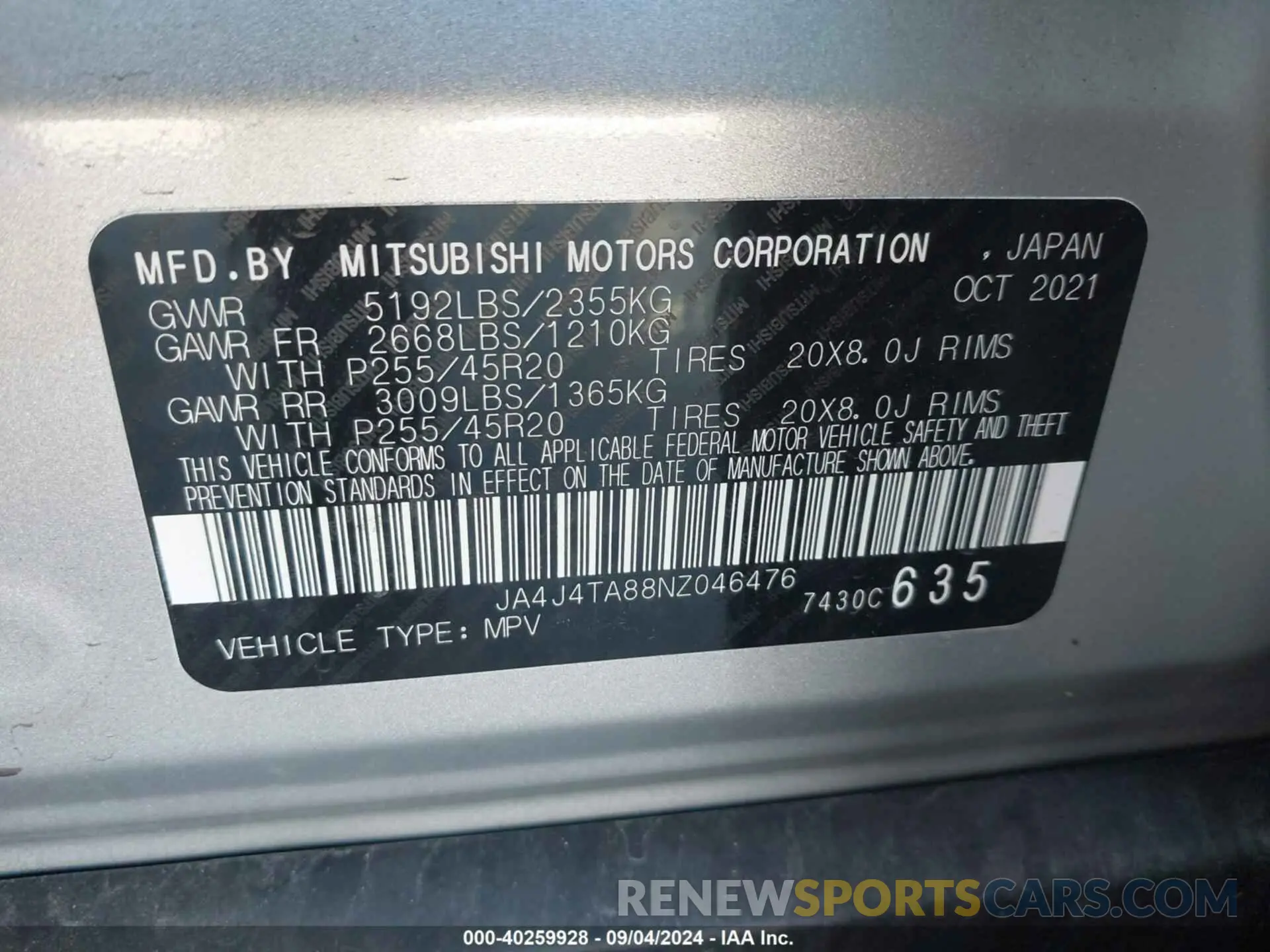 9 fotografías del automóvil dañado JA4J4TA88NZ046476 MITSUBISHI OUTLANDER 2022