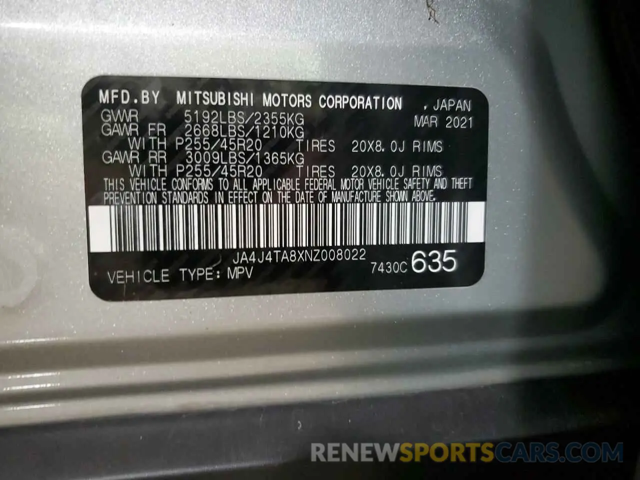 13 fotografías del automóvil dañado JA4J4TA8XNZ008022 MITSUBISHI OUTLANDER 2022
