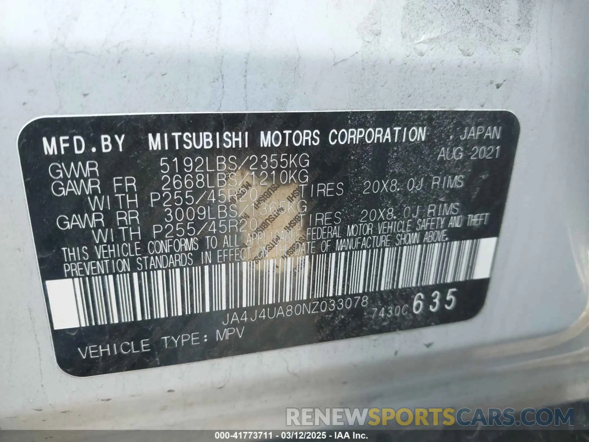 9 fotografías del automóvil dañado JA4J4UA80NZ033078 MITSUBISHI OUTLANDER 2022
