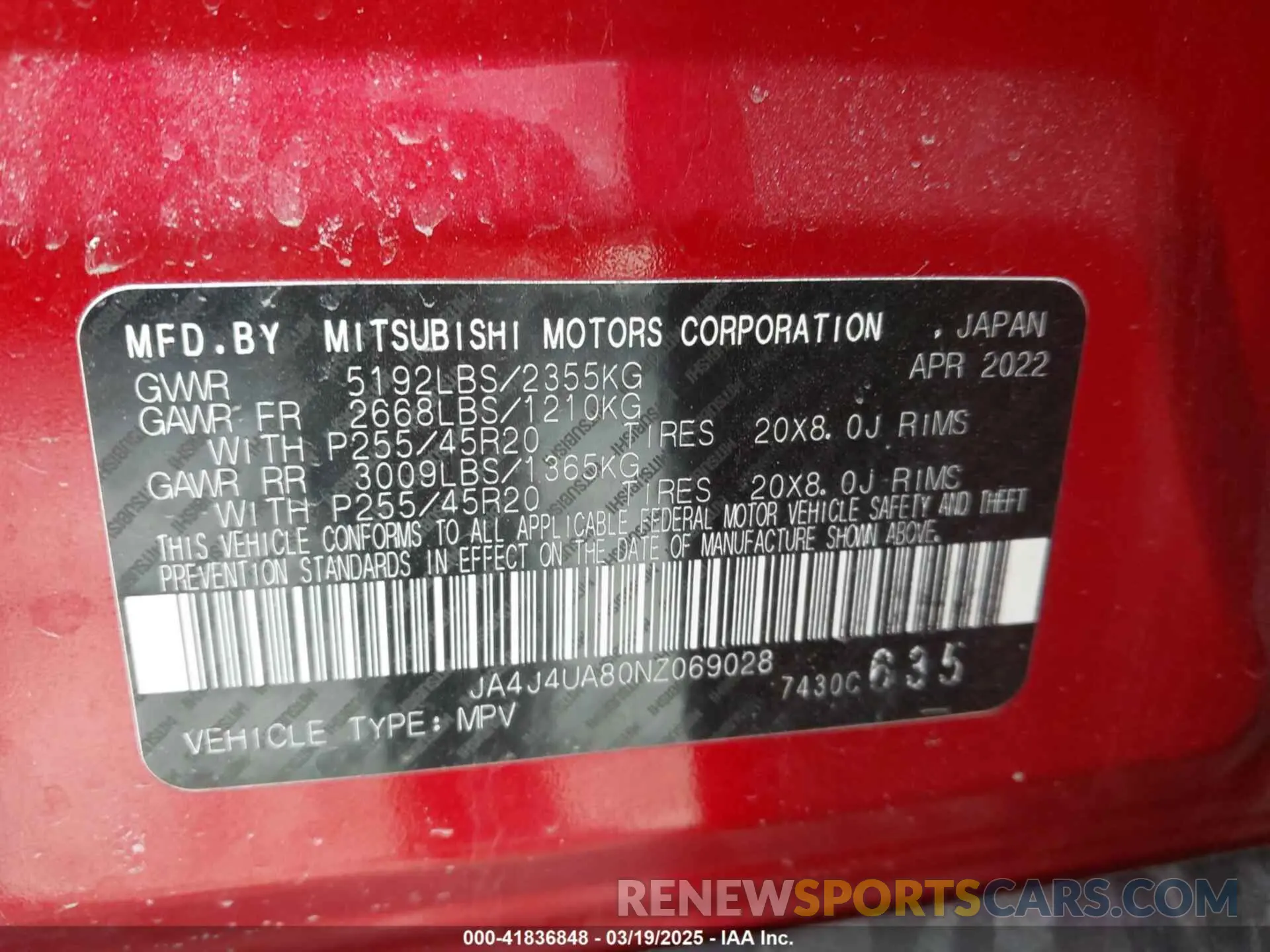 9 fotografías del automóvil dañado JA4J4UA80NZ069028 MITSUBISHI OUTLANDER 2022