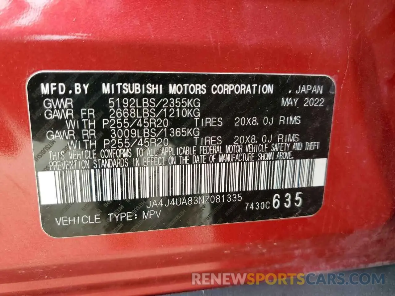 13 fotografías del automóvil dañado JA4J4UA83NZ081335 MITSUBISHI OUTLANDER 2022