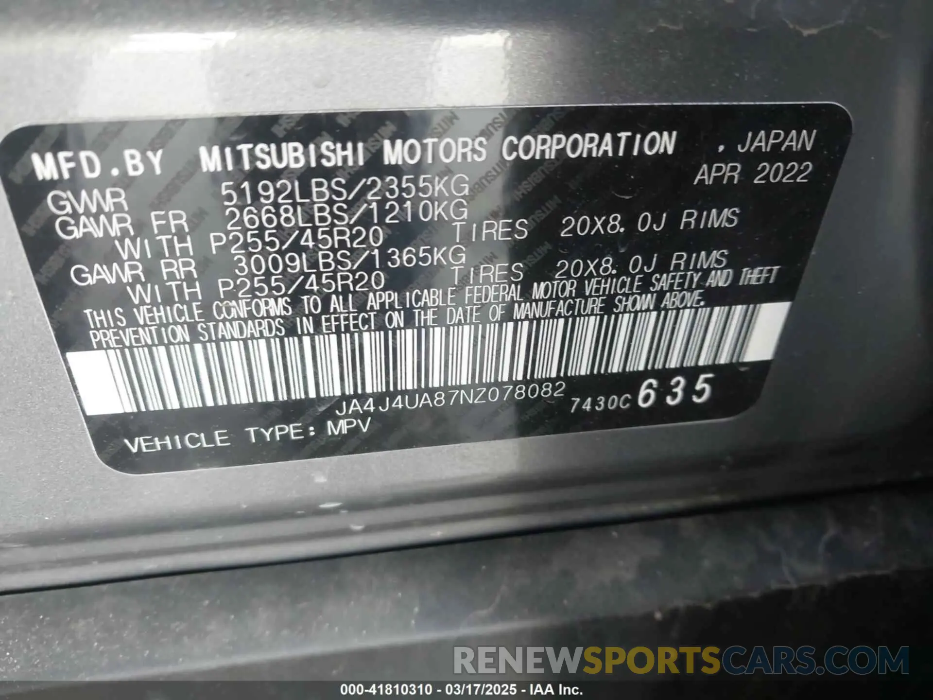 9 fotografías del automóvil dañado JA4J4UA87NZ078082 MITSUBISHI OUTLANDER 2022