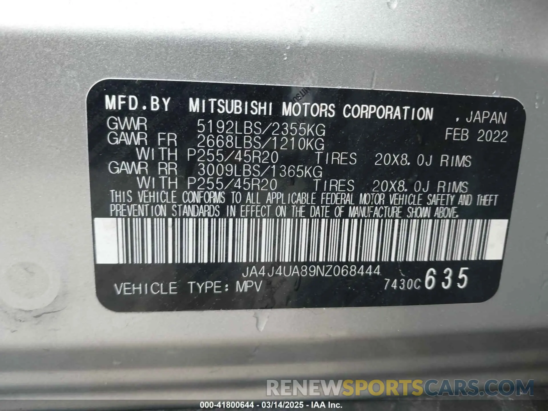 9 fotografías del automóvil dañado JA4J4UA89NZ068444 MITSUBISHI OUTLANDER 2022