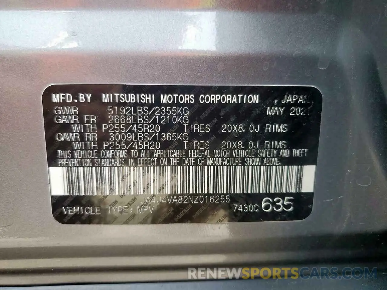 12 fotografías del automóvil dañado JA4J4VA82NZ016255 MITSUBISHI OUTLANDER 2022