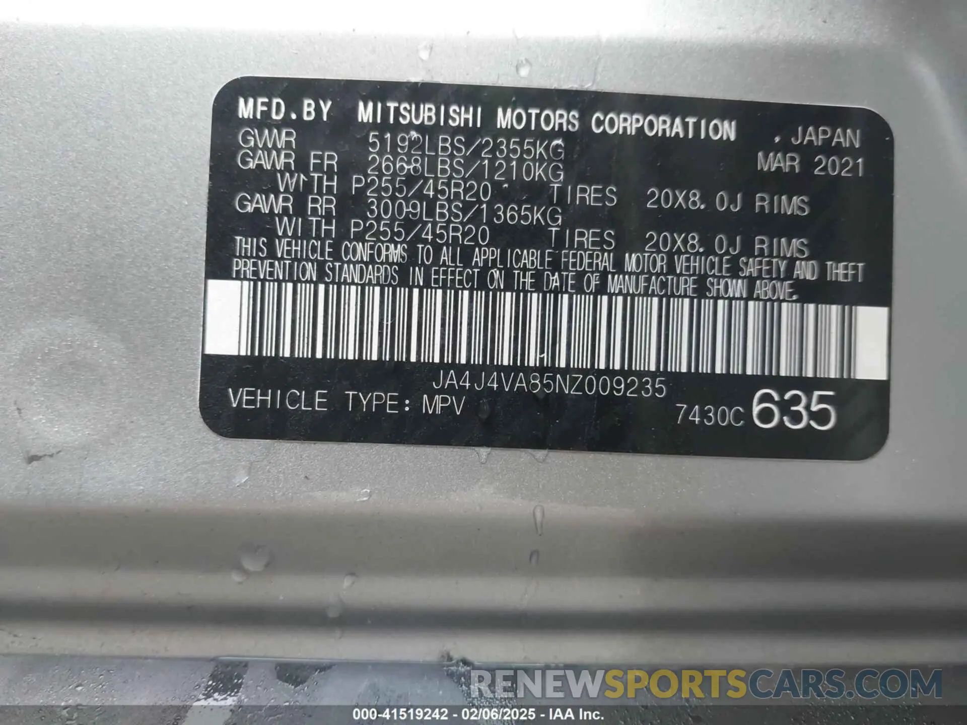 9 fotografías del automóvil dañado JA4J4VA85NZ009235 MITSUBISHI OUTLANDER 2022