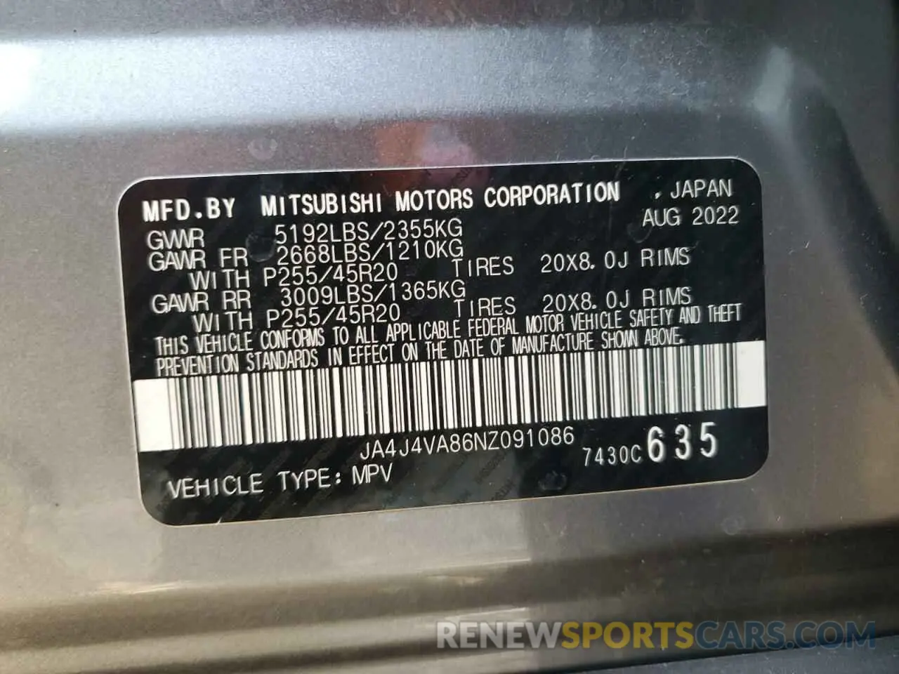 13 fotografías del automóvil dañado JA4J4VA86NZ091086 MITSUBISHI OUTLANDER 2022