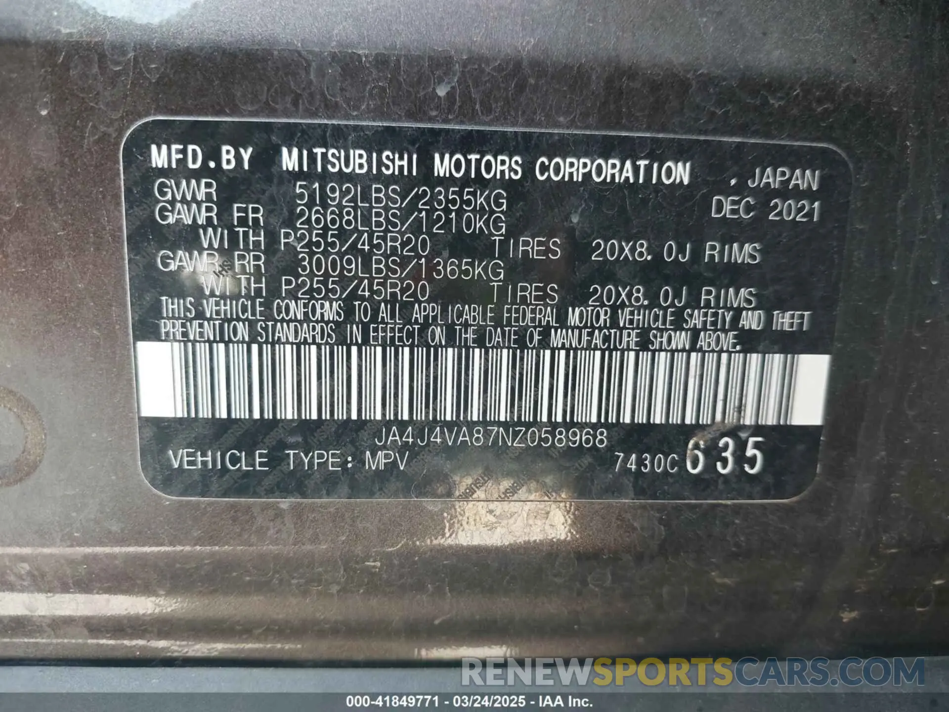 9 fotografías del automóvil dañado JA4J4VA87NZ058968 MITSUBISHI OUTLANDER 2022