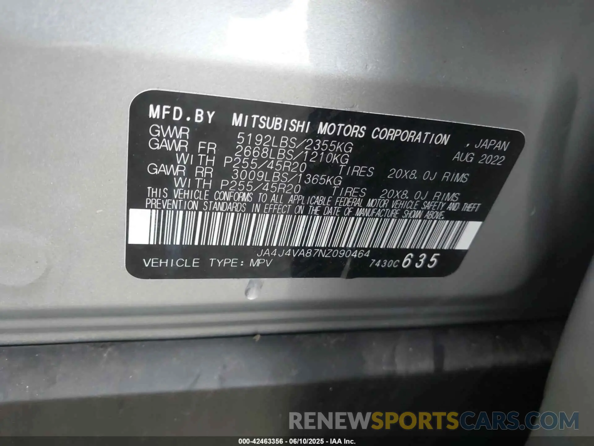 9 fotografías del automóvil dañado JA4J4VA87NZ090464 MITSUBISHI OUTLANDER 2022