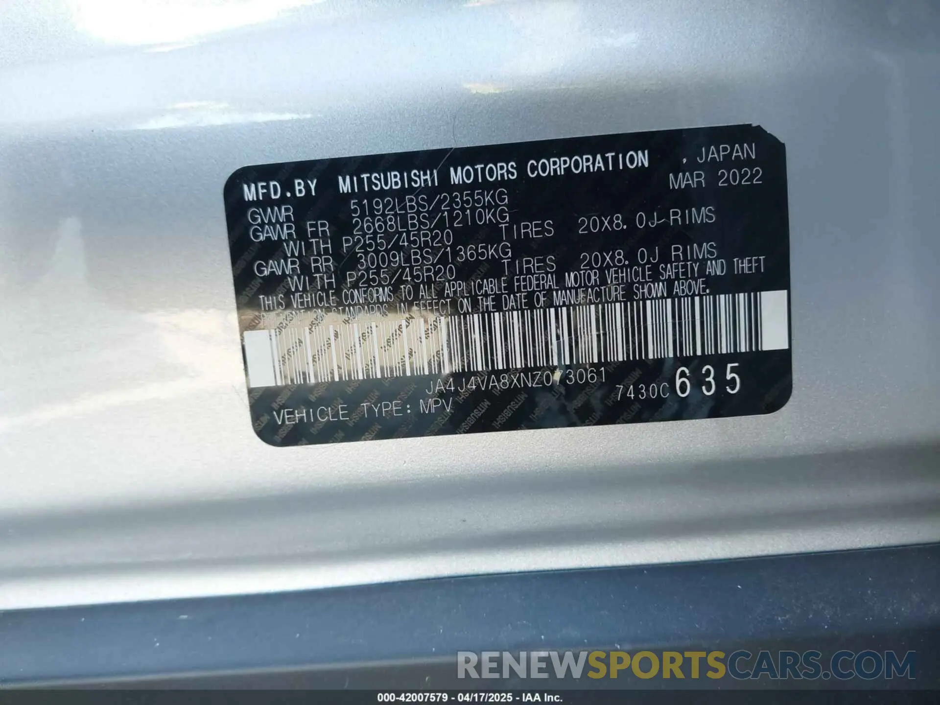9 fotografías del automóvil dañado JA4J4VA8XNZ073061 MITSUBISHI OUTLANDER 2022