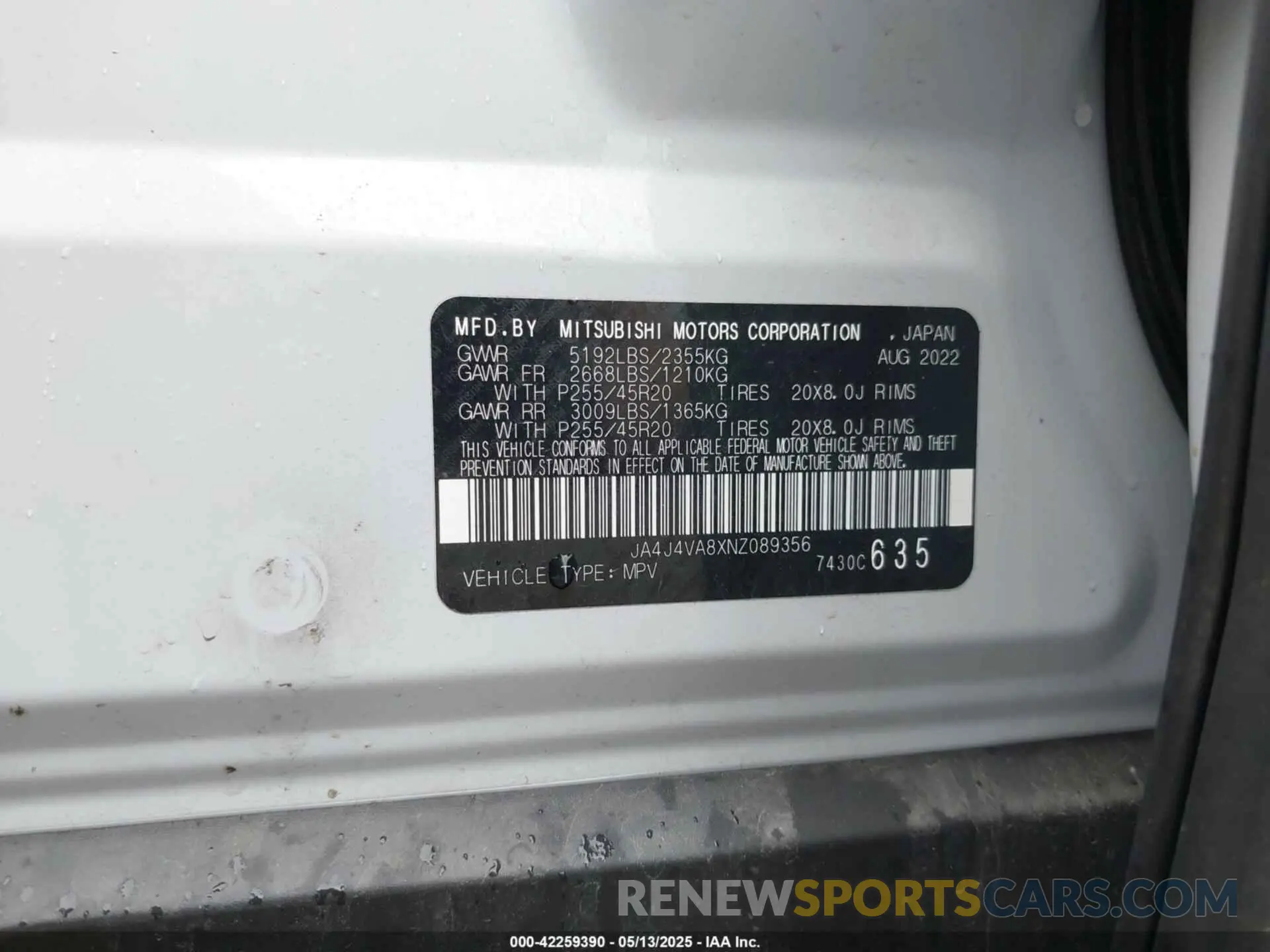 9 fotografías del automóvil dañado JA4J4VA8XNZ089356 MITSUBISHI OUTLANDER 2022