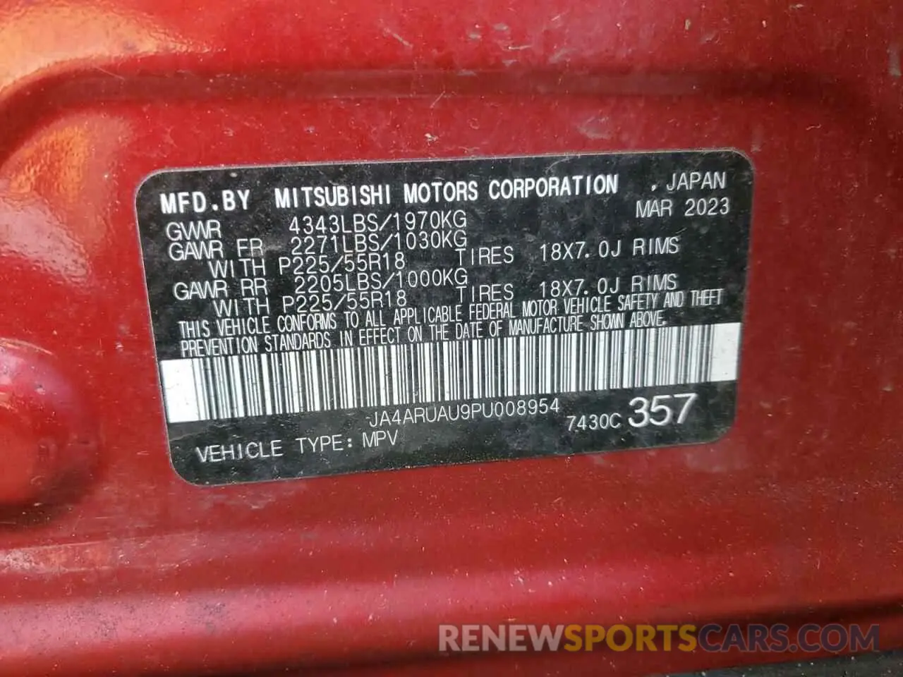 16 fotografías del automóvil dañado JA4ARUAU9PU008954 MITSUBISHI OUTLANDER 2023