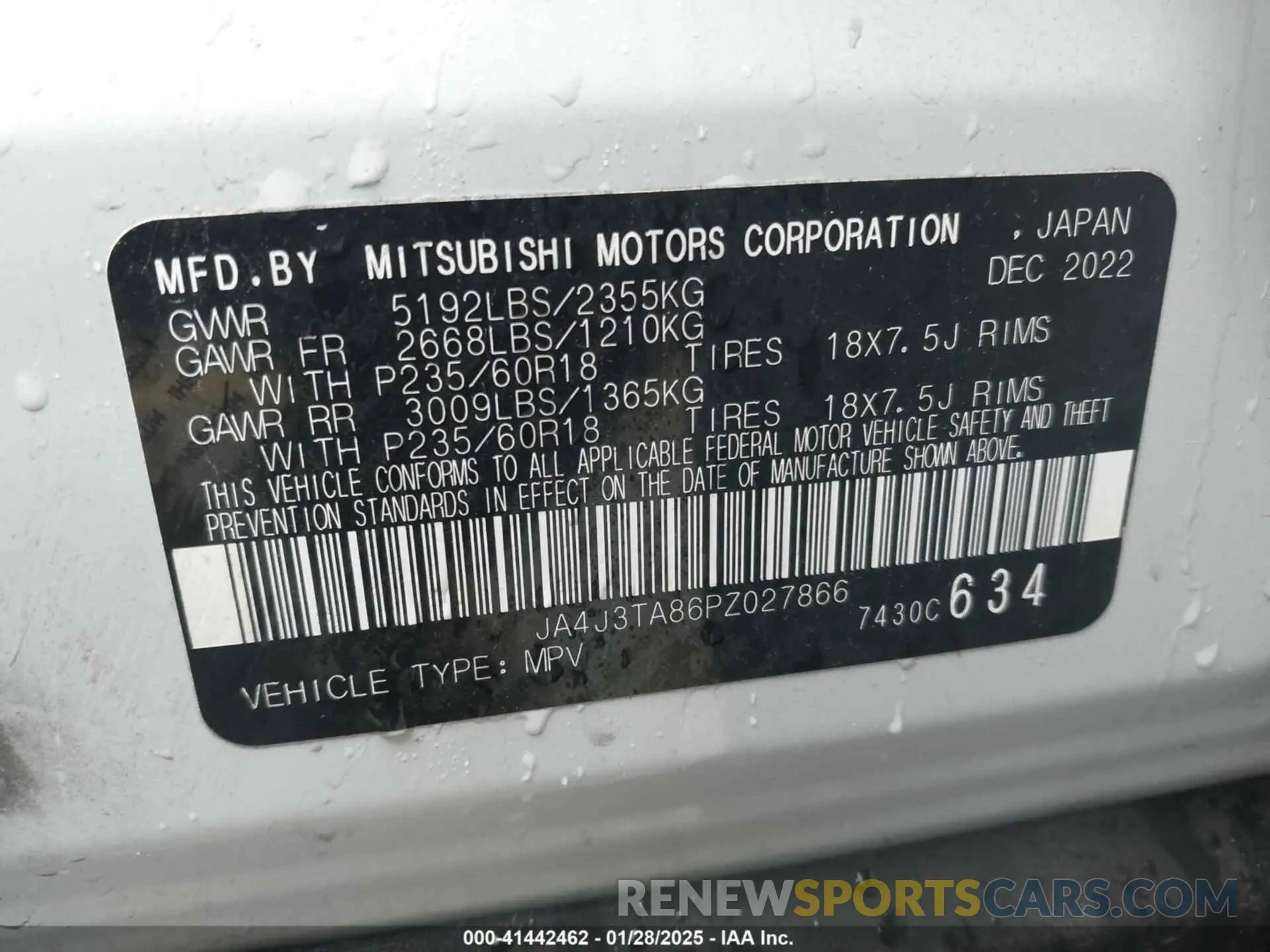 9 fotografías del automóvil dañado JA4J3TA86PZ027866 MITSUBISHI OUTLANDER 2023