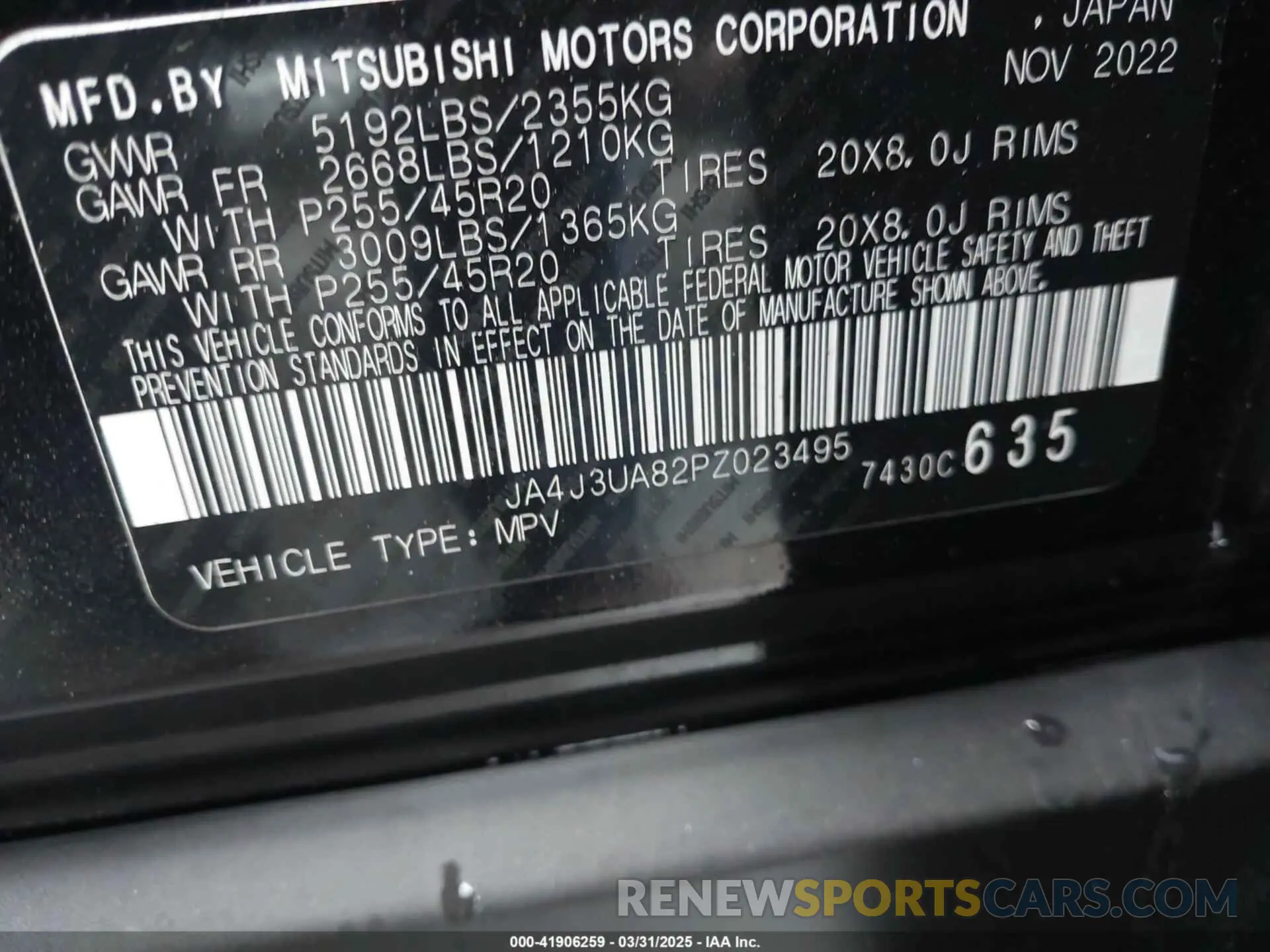 9 fotografías del automóvil dañado JA4J3UA82PZ023495 MITSUBISHI OUTLANDER 2023