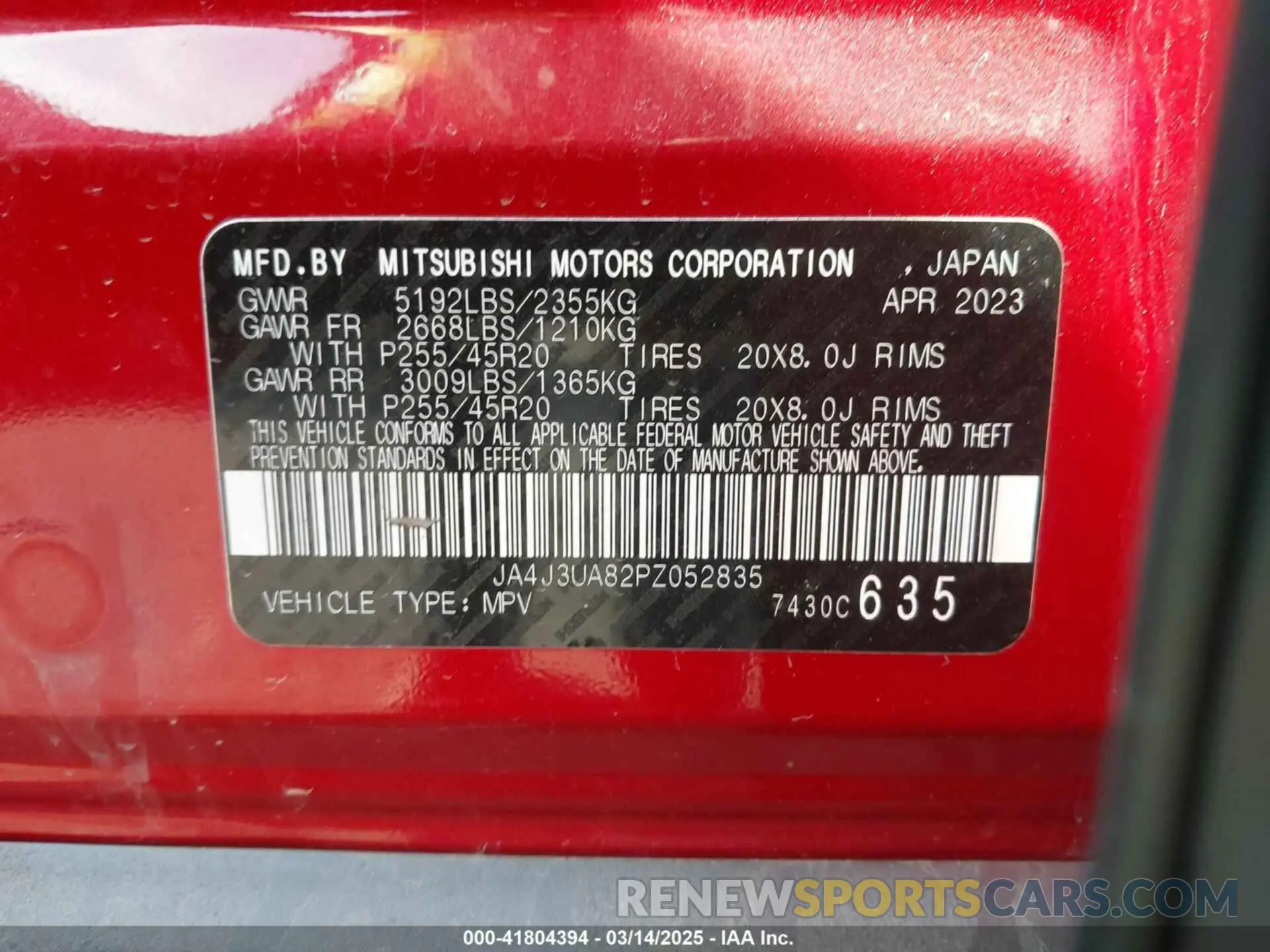 9 fotografías del automóvil dañado JA4J3UA82PZ052835 MITSUBISHI OUTLANDER 2023