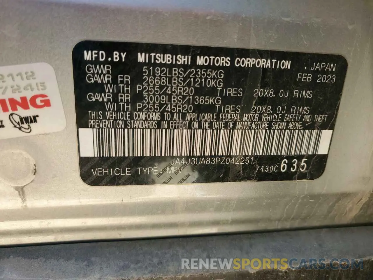 15 fotografías del automóvil dañado JA4J3UA83PZ042251 MITSUBISHI OUTLANDER 2023
