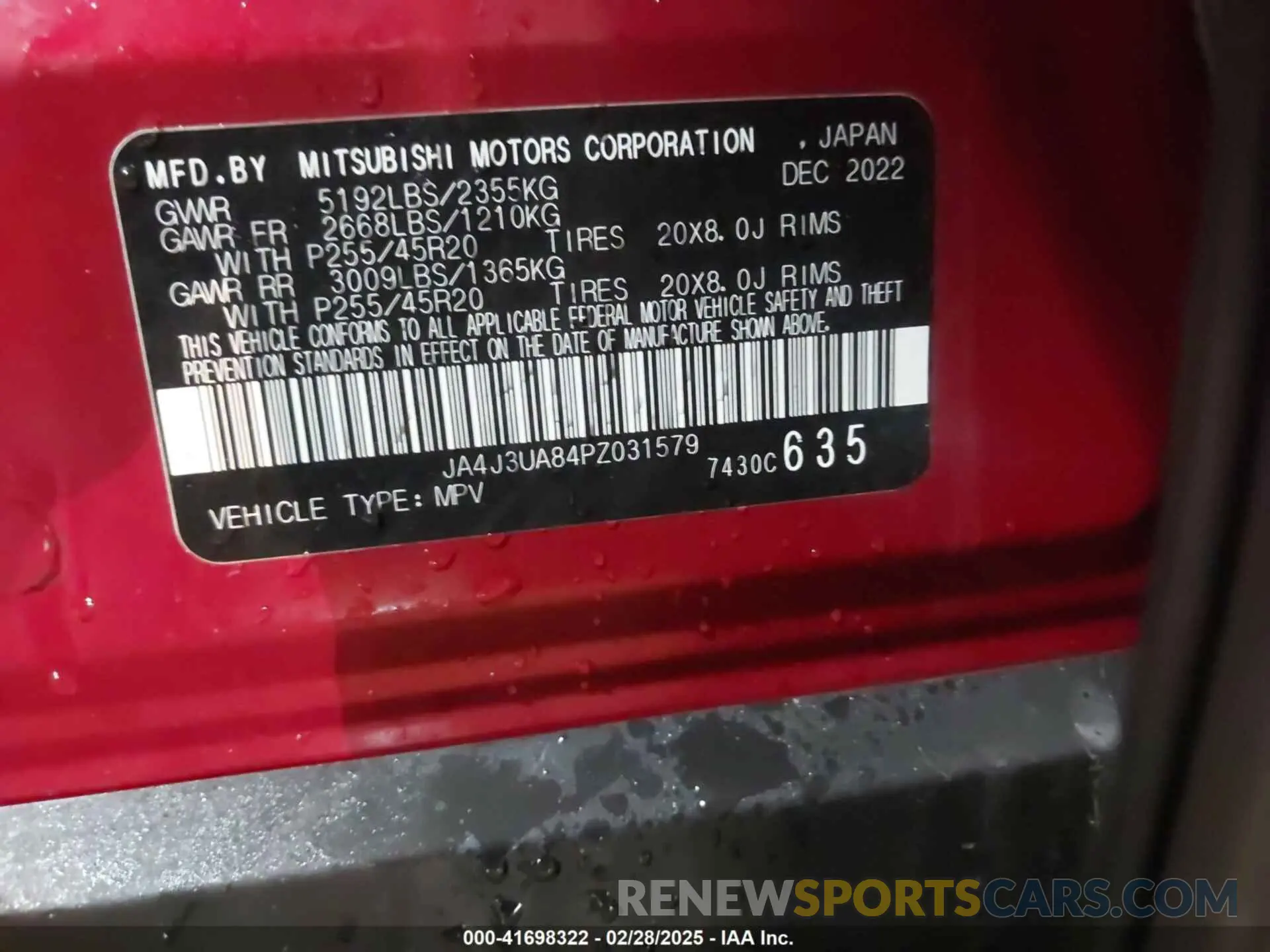 9 fotografías del automóvil dañado JA4J3UA84PZ031579 MITSUBISHI OUTLANDER 2023
