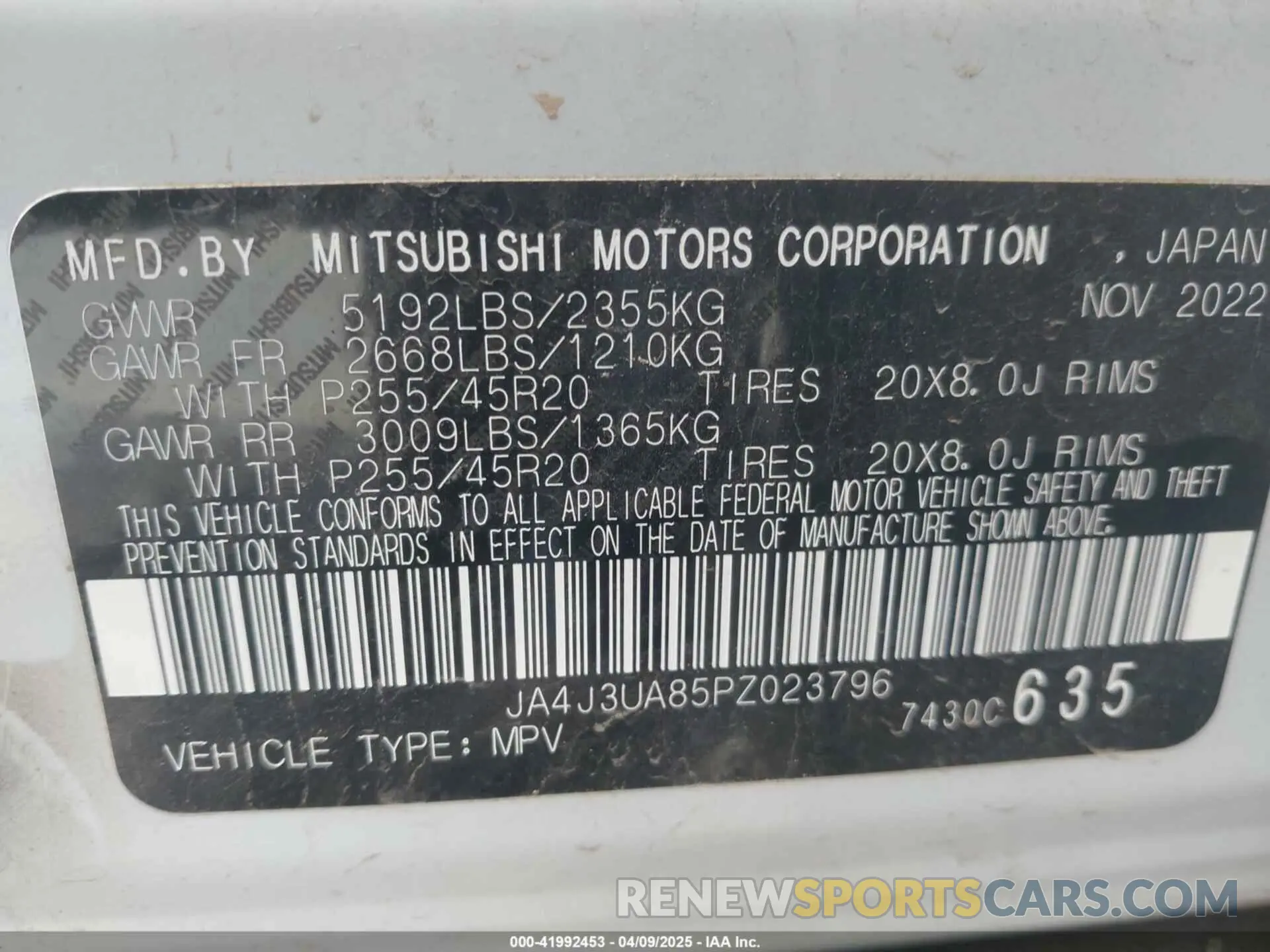 9 fotografías del automóvil dañado JA4J3UA85PZ023796 MITSUBISHI OUTLANDER 2023