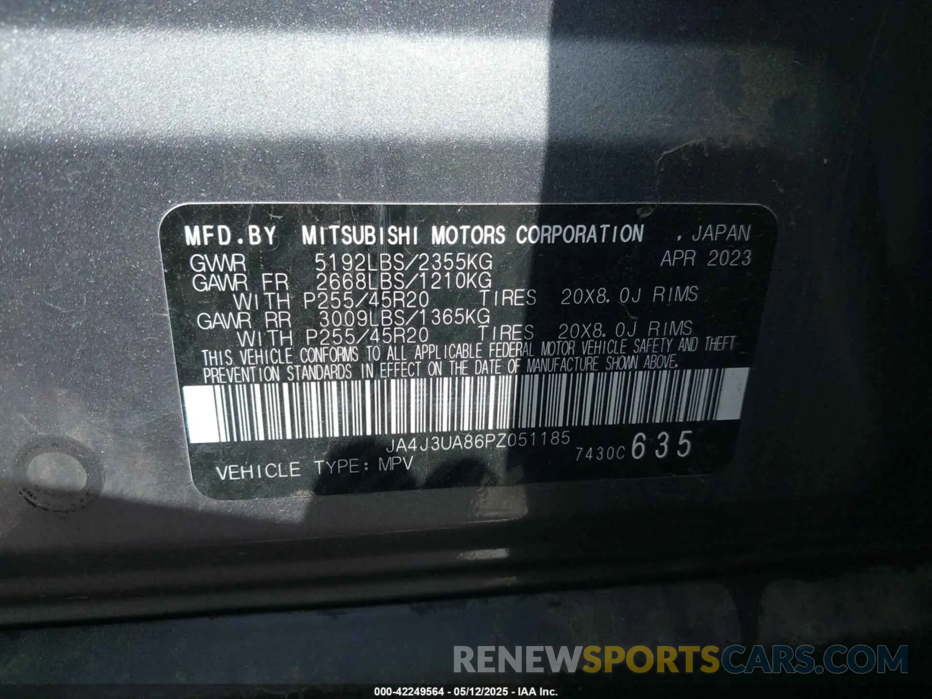 9 fotografías del automóvil dañado JA4J3UA86PZ051185 MITSUBISHI OUTLANDER 2023