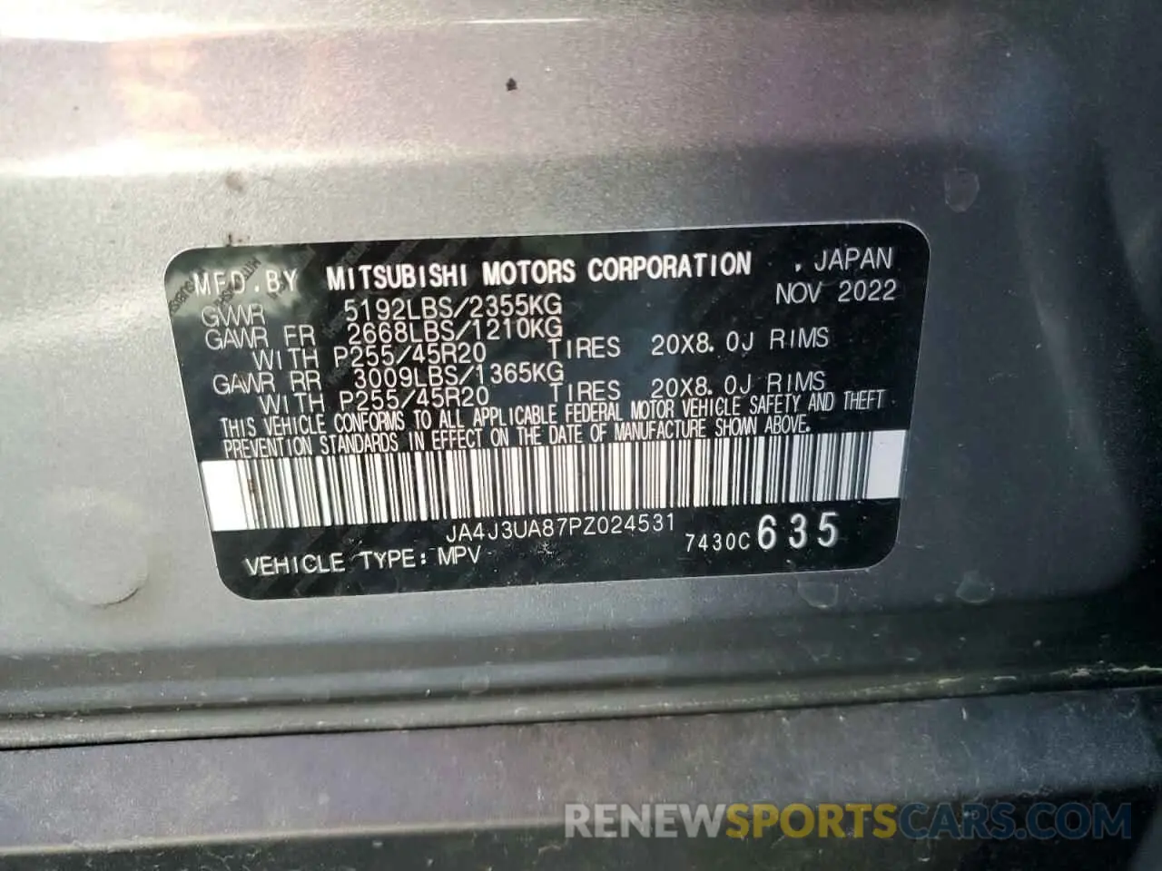 12 fotografías del automóvil dañado JA4J3UA87PZ024531 MITSUBISHI OUTLANDER 2023