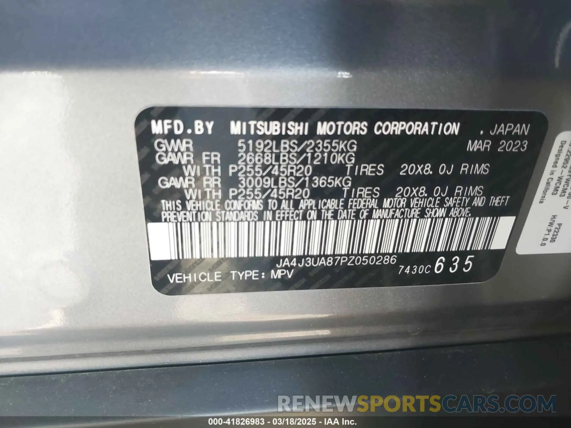 9 fotografías del automóvil dañado JA4J3UA87PZ050286 MITSUBISHI OUTLANDER 2023