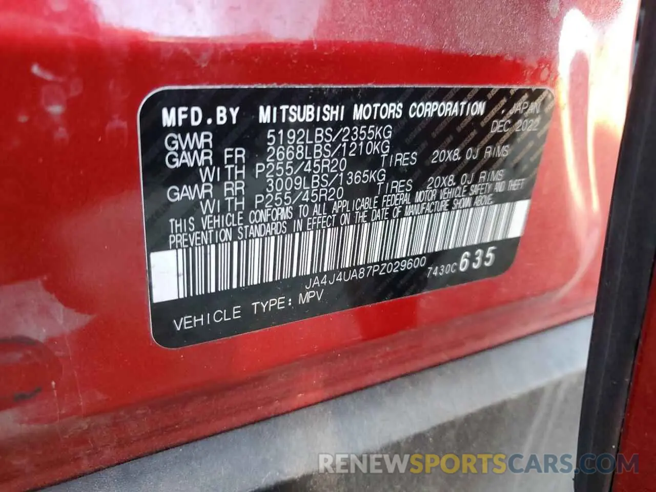 12 fotografías del automóvil dañado JA4J4UA87PZ029600 MITSUBISHI OUTLANDER 2023