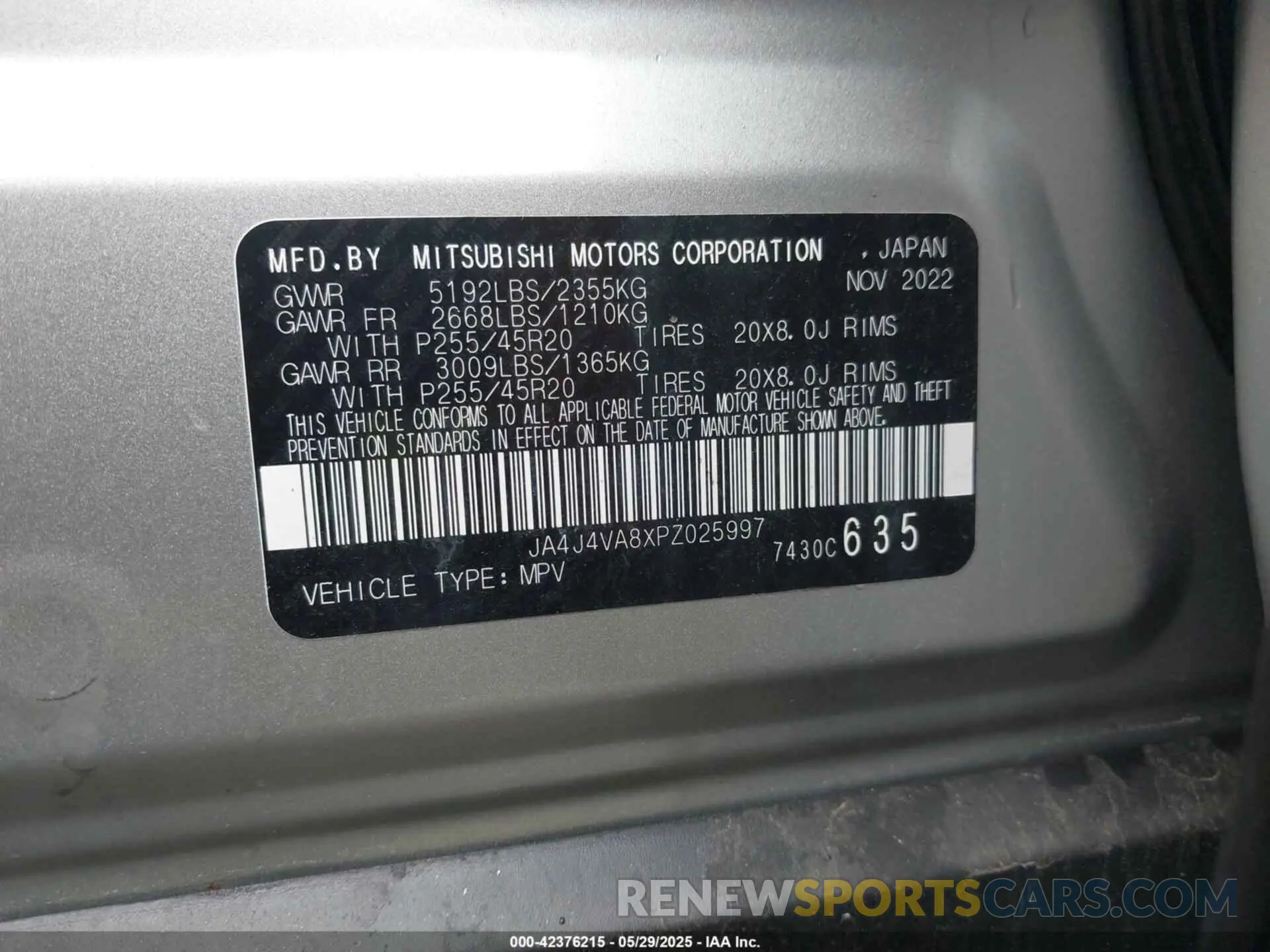 9 fotografías del automóvil dañado JA4J4VA8XPZ025997 MITSUBISHI OUTLANDER 2023