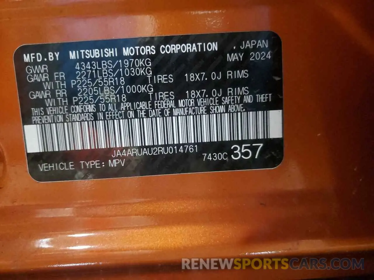 12 fotografías del automóvil dañado JA4ARUAU2RU014761 MITSUBISHI OUTLANDER 2024