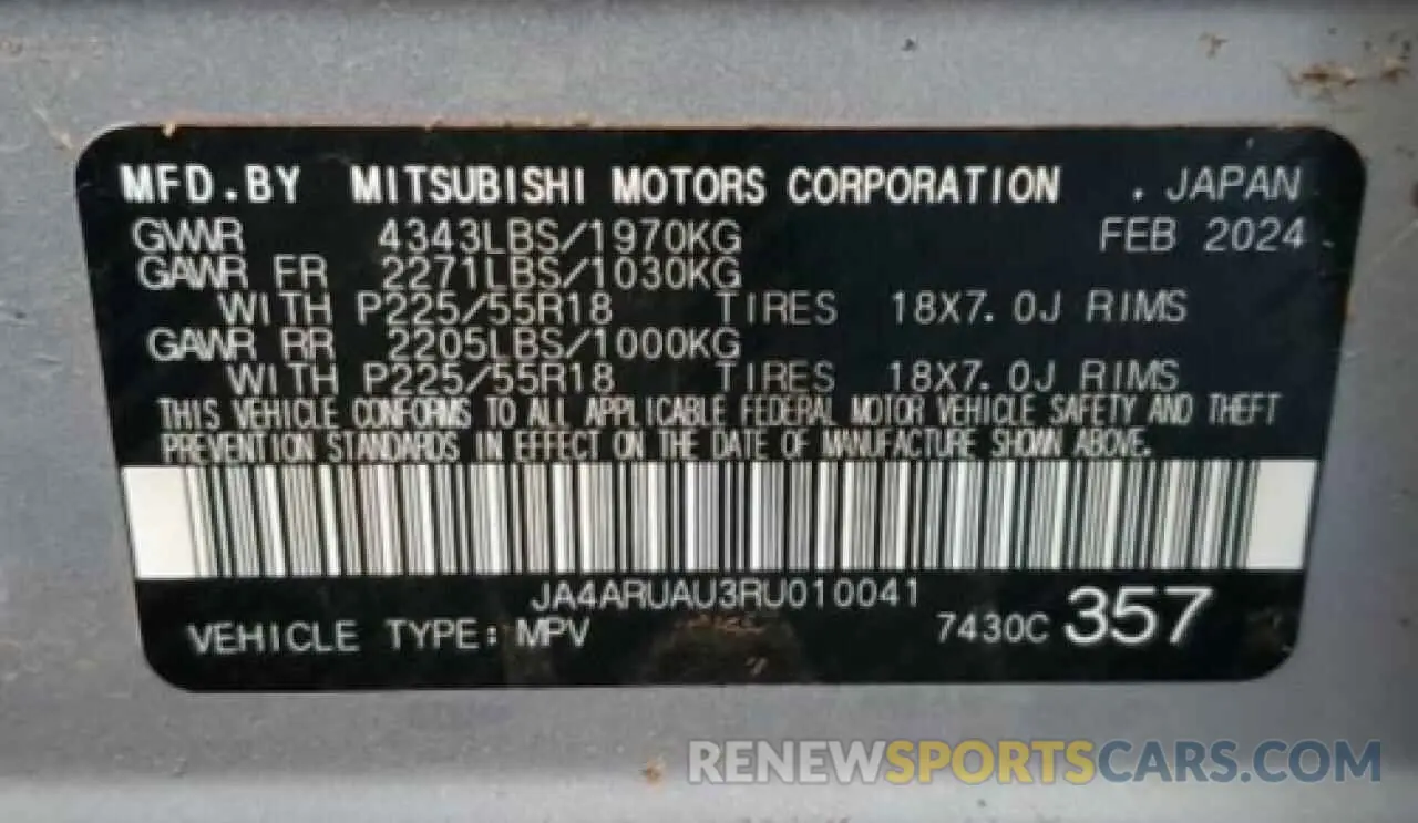13 fotografías del automóvil dañado JA4ARUAU3RU010041 MITSUBISHI OUTLANDER 2024