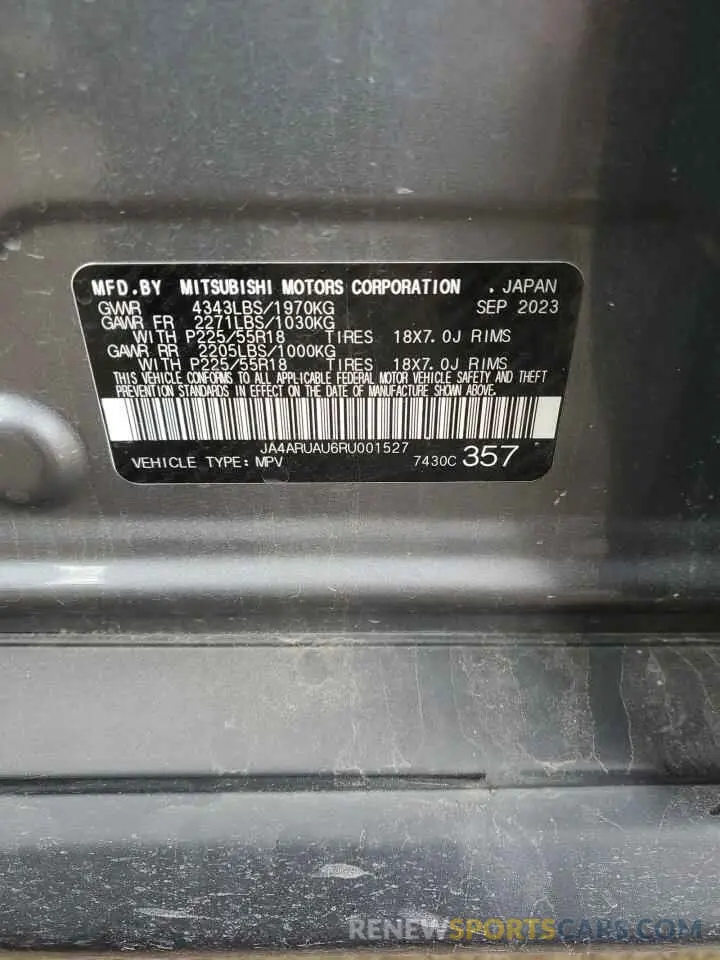 12 fotografías del automóvil dañado JA4ARUAU6RU001527 MITSUBISHI OUTLANDER 2024