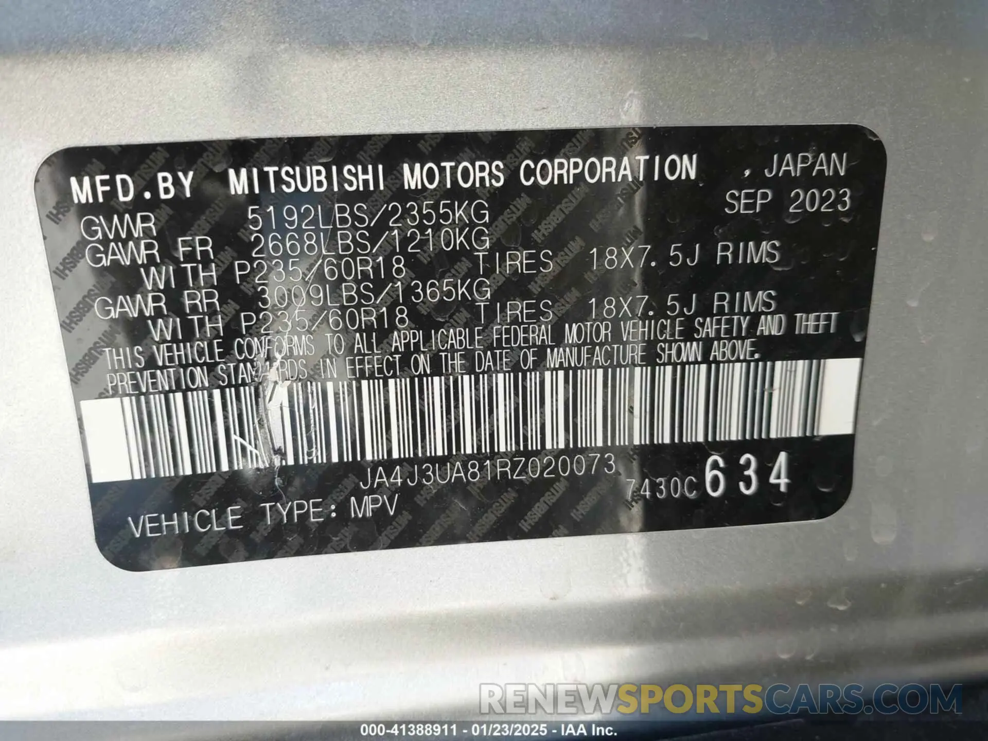 9 fotografías del automóvil dañado JA4J3UA81RZ020073 MITSUBISHI OUTLANDER 2024