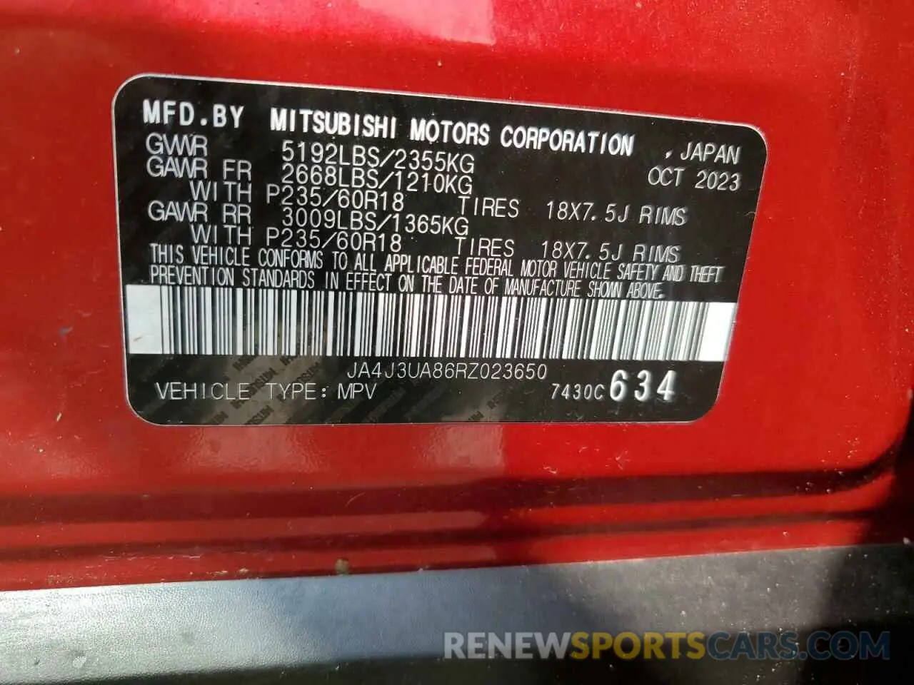 13 fotografías del automóvil dañado JA4J3UA86RZ023650 MITSUBISHI OUTLANDER 2024