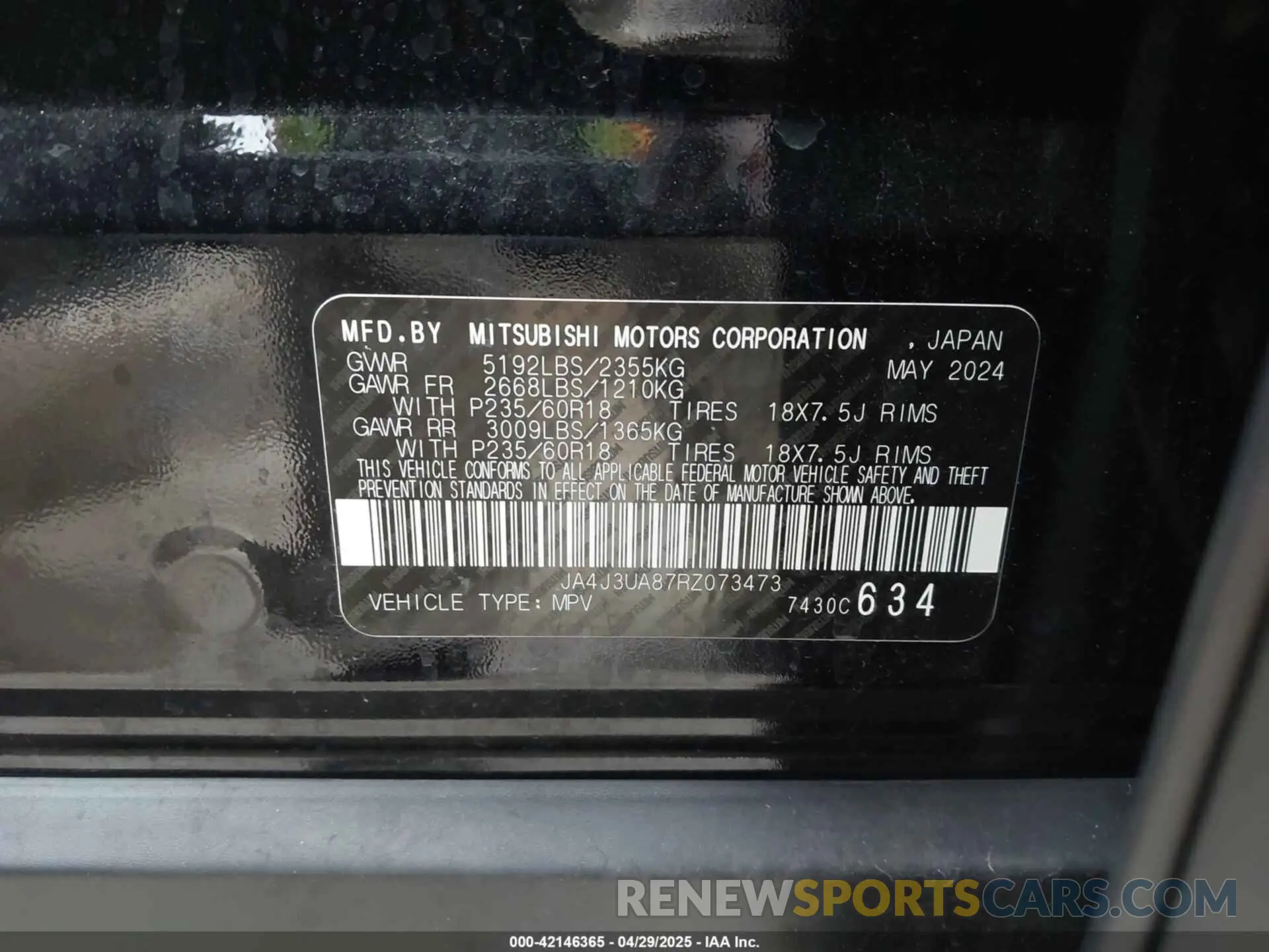 9 fotografías del automóvil dañado JA4J3UA87RZ073473 MITSUBISHI OUTLANDER 2024