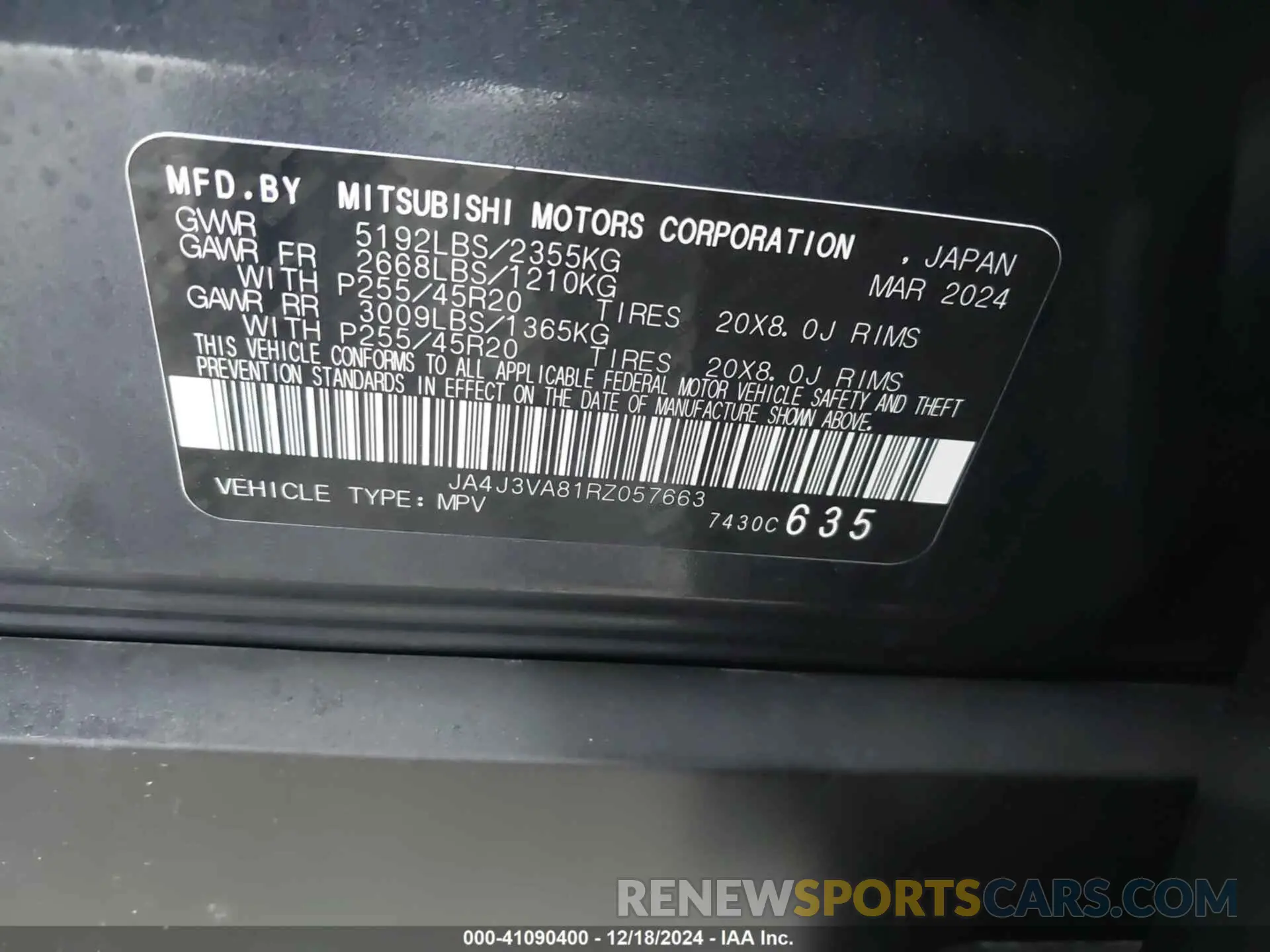 9 fotografías del automóvil dañado JA4J3VA81RZ057663 MITSUBISHI OUTLANDER 2024