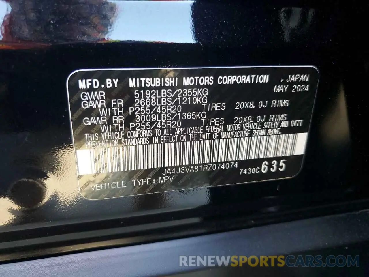 16 fotografías del automóvil dañado JA4J3VA81RZ074074 MITSUBISHI OUTLANDER 2024
