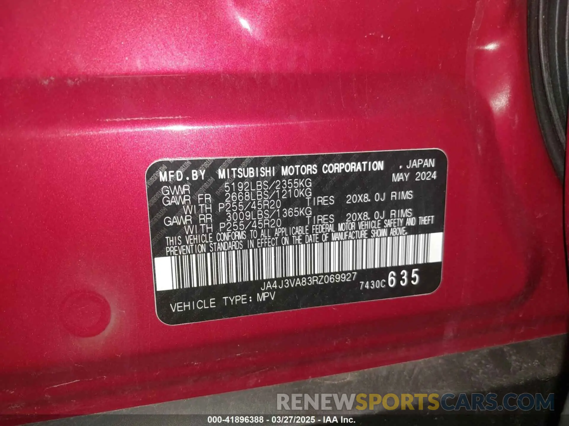 9 fotografías del automóvil dañado JA4J3VA83RZ069927 MITSUBISHI OUTLANDER 2024