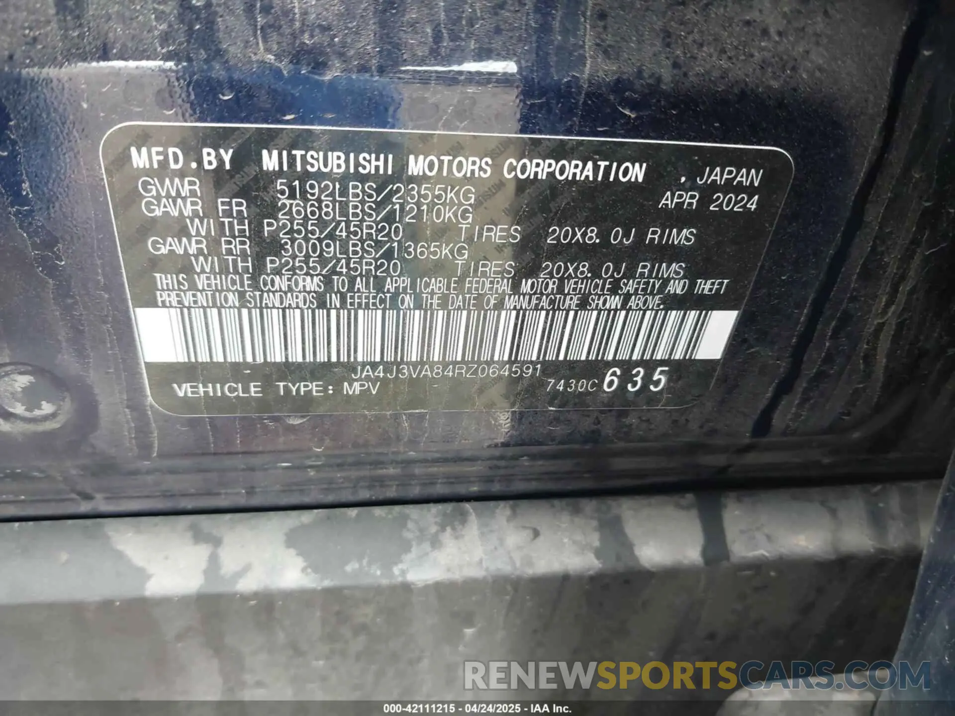 9 fotografías del automóvil dañado JA4J3VA84RZ064591 MITSUBISHI OUTLANDER 2024