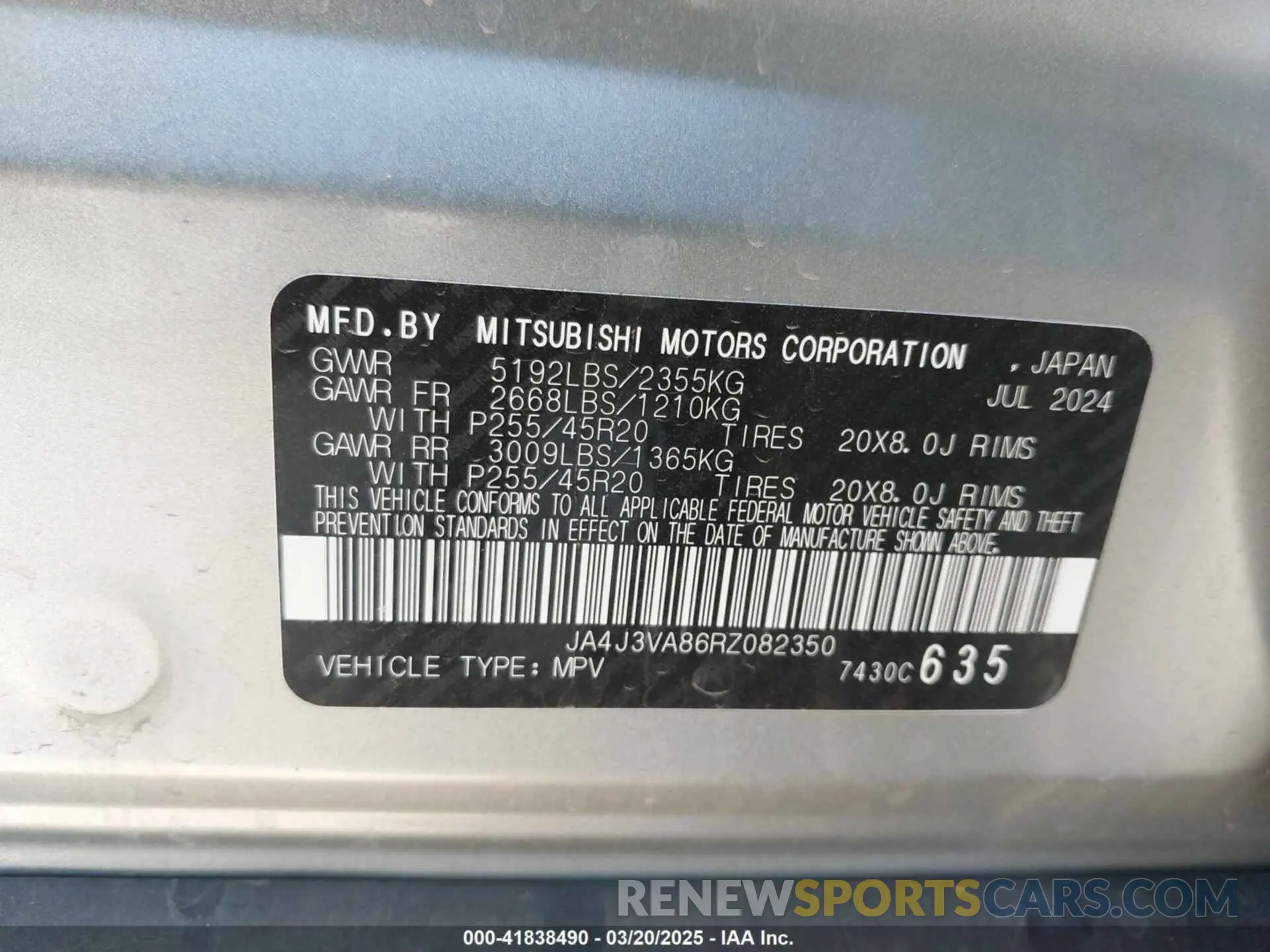 9 fotografías del automóvil dañado JA4J3VA86RZ082350 MITSUBISHI OUTLANDER 2024