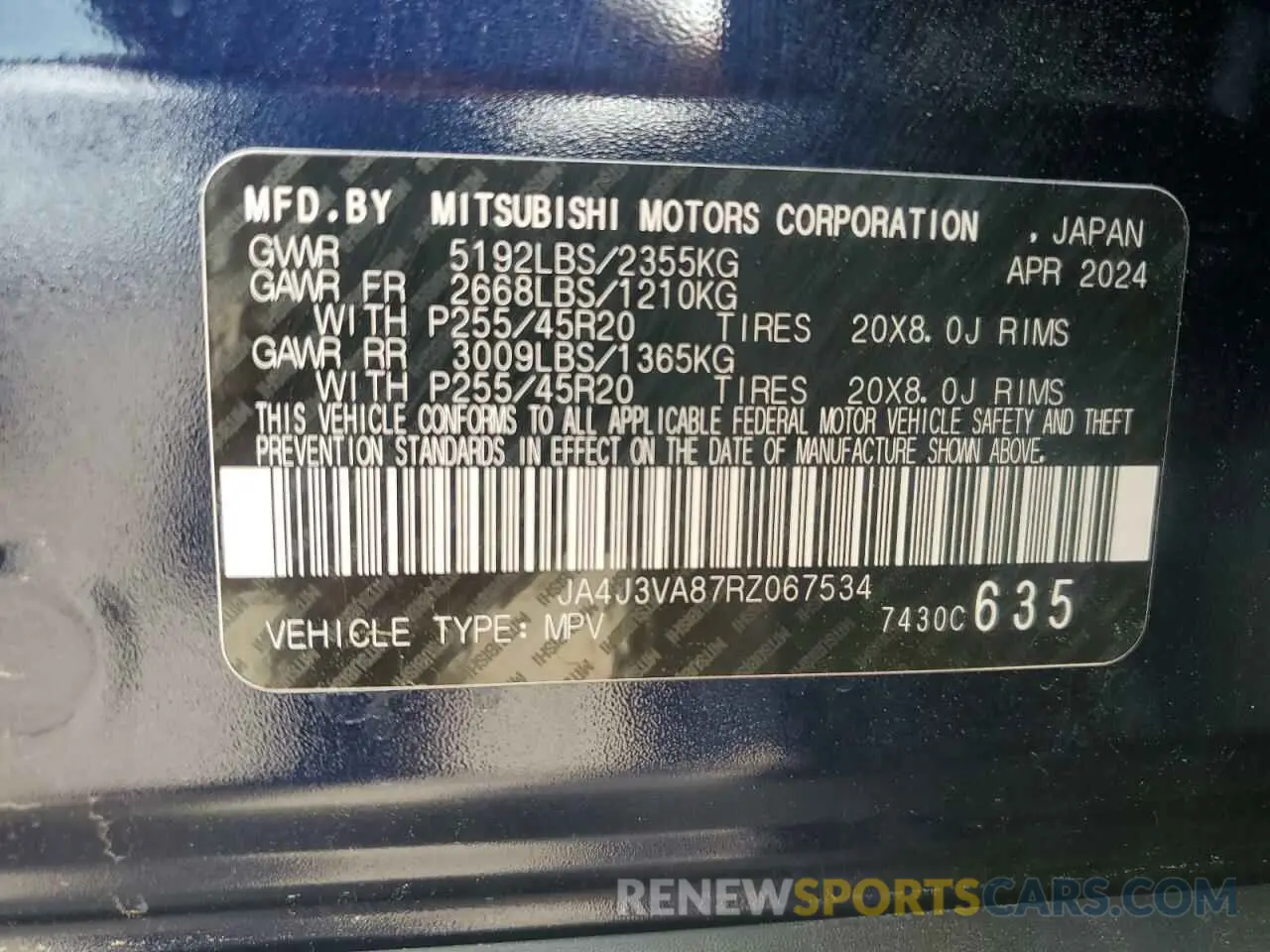14 fotografías del automóvil dañado JA4J3VA87RZ067534 MITSUBISHI OUTLANDER 2024