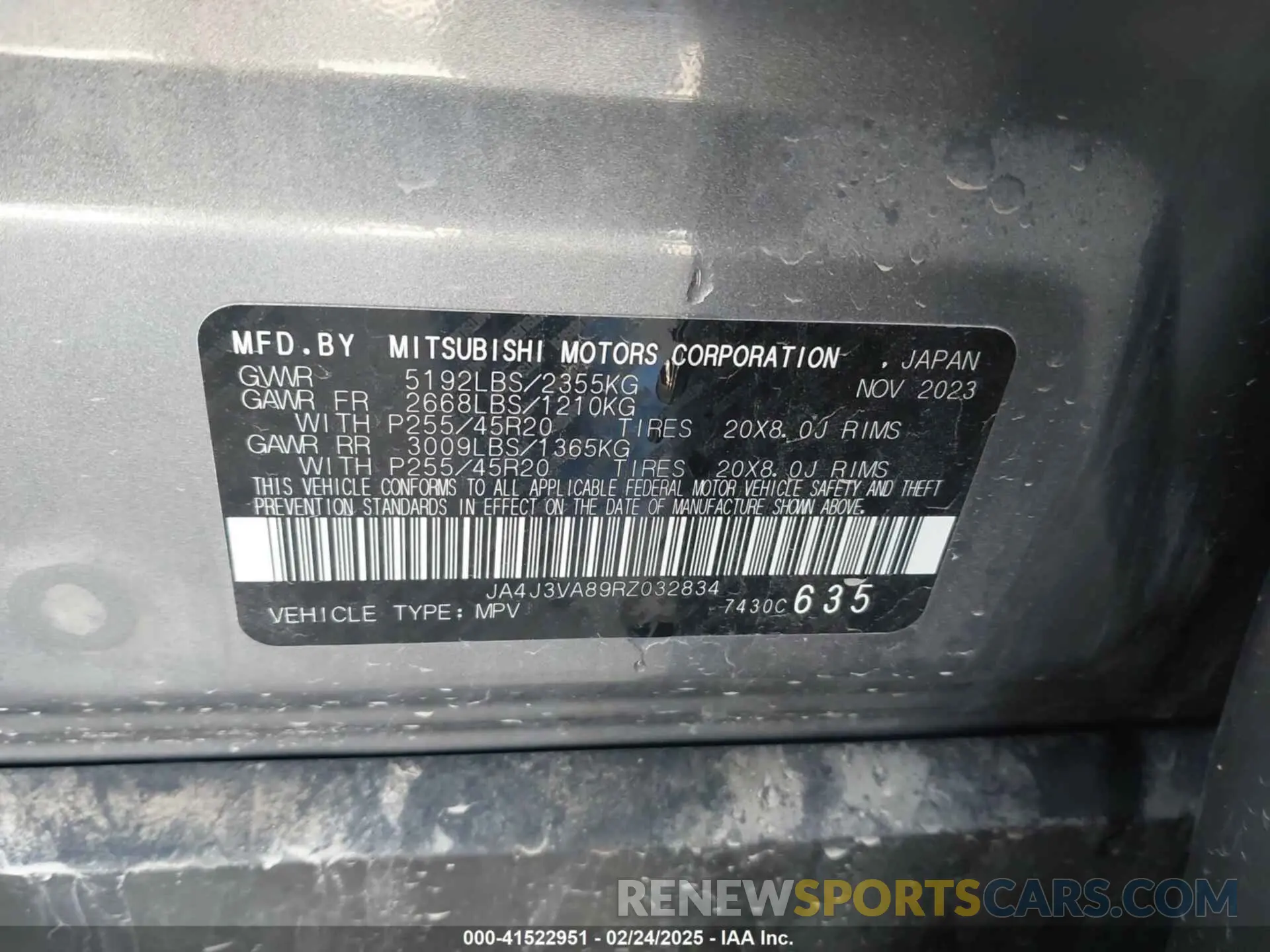 9 fotografías del automóvil dañado JA4J3VA89RZ032834 MITSUBISHI OUTLANDER 2024