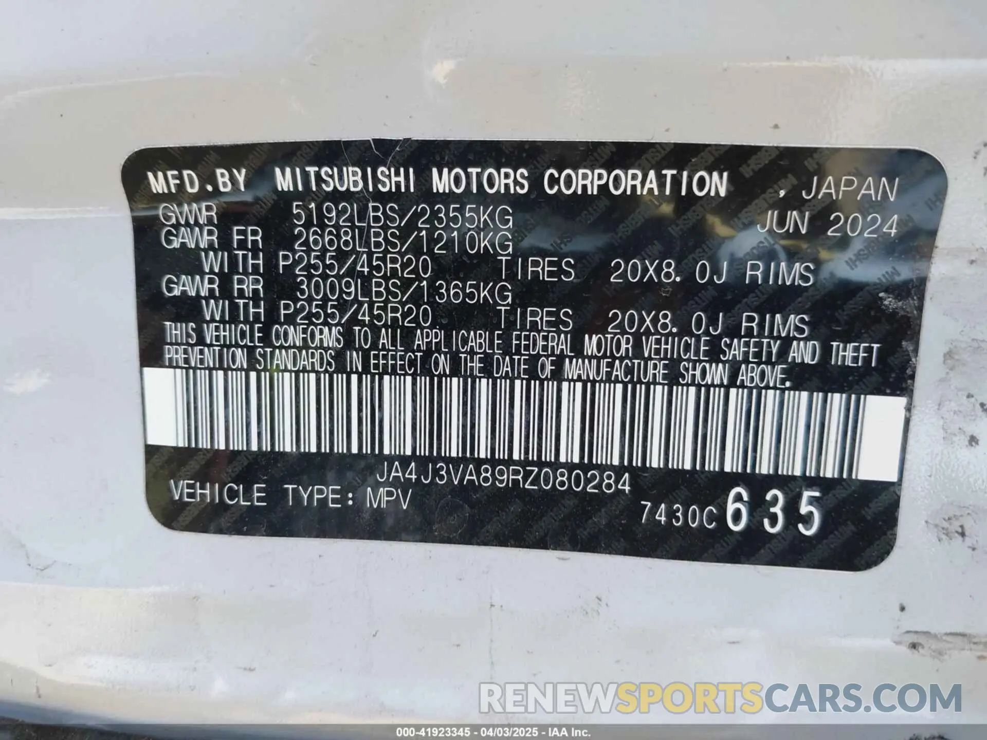 9 fotografías del automóvil dañado JA4J3VA89RZ080284 MITSUBISHI OUTLANDER 2024