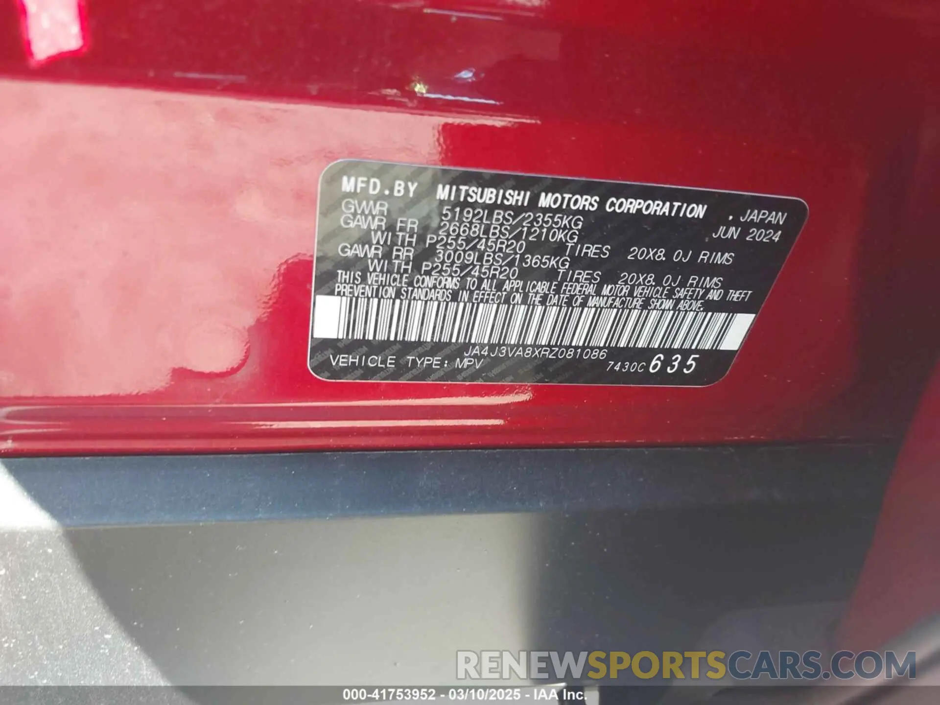 9 fotografías del automóvil dañado JA4J3VA8XRZ081086 MITSUBISHI OUTLANDER 2024
